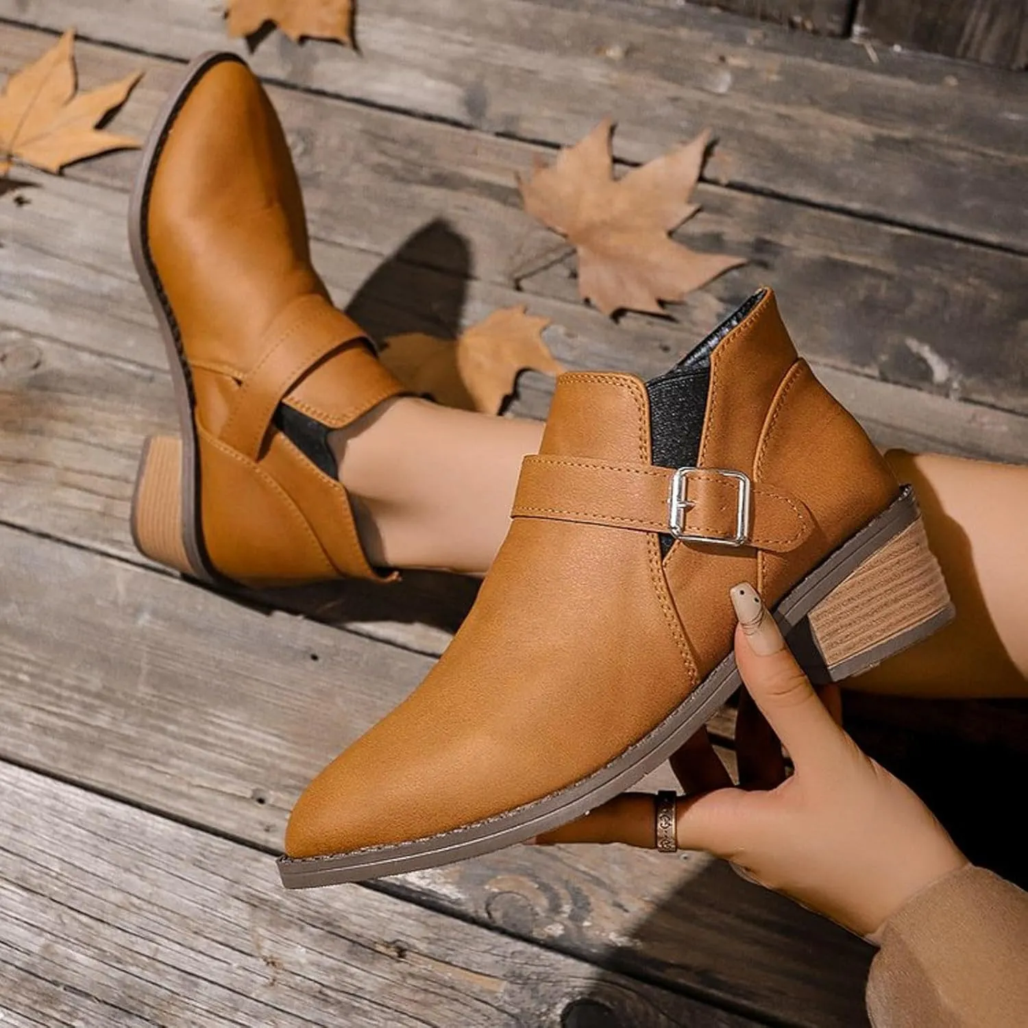 AMDBEL Booties for Women Dressy 2024 Ankle Booties Low Chunky Stacked Heel Round Toe Booties Fashion Casual Fall Winter Shoes