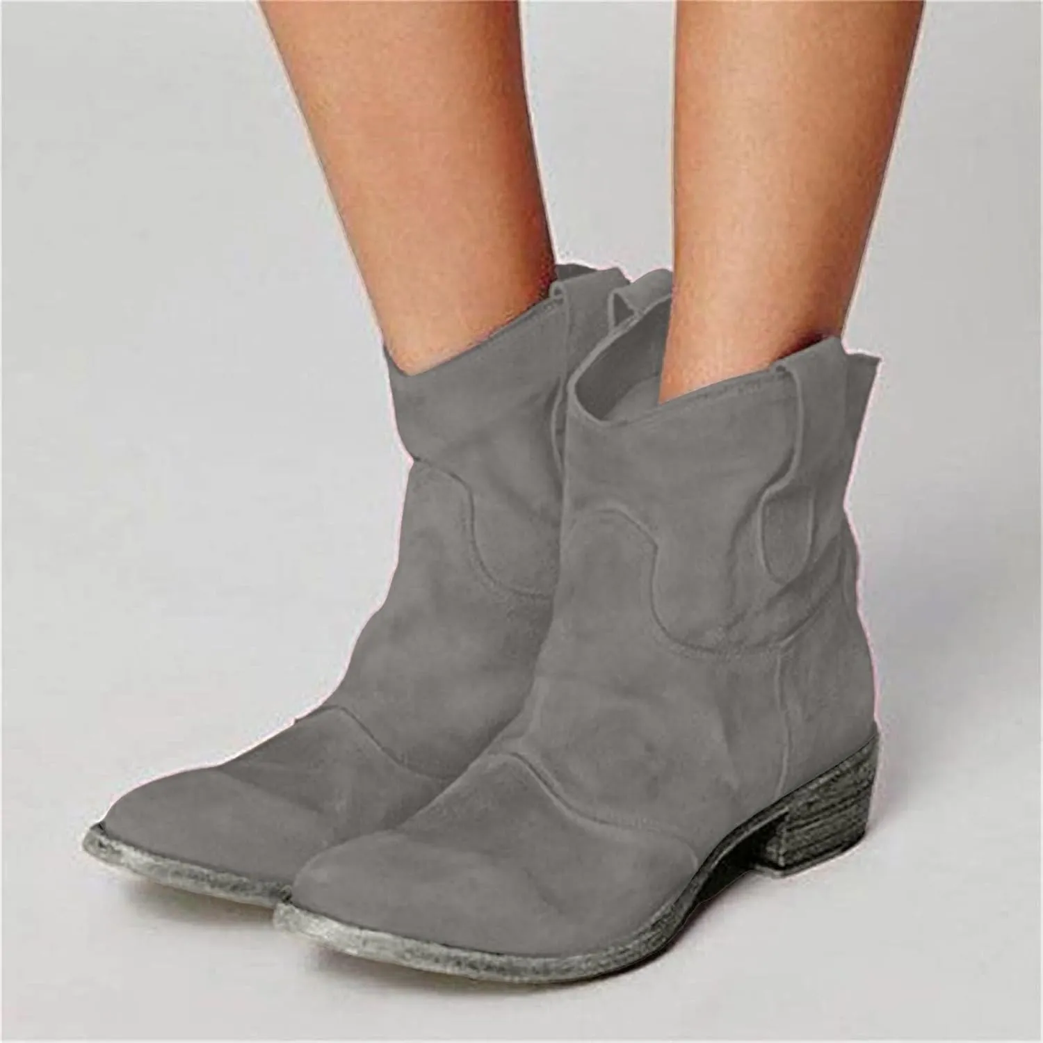 AMDBEL Booties for Women Dressy 2024 Ankle Boots Chunky Low Heel Suede Mid Calf Zipper Cowboy Boots Winter Booties