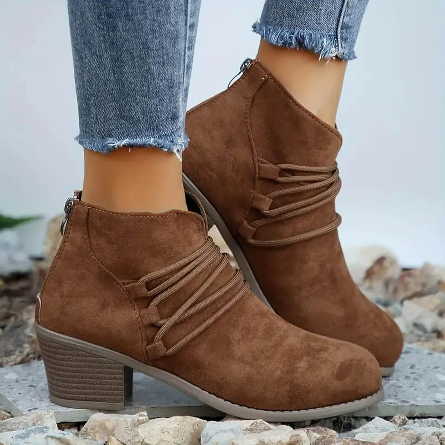 AMDBEL Booties for Women Dressy 2024 Ankle Boots Fashion Low Heel Side Zipper Pointd Toe Suede Fall Winter Short Boots Shoes