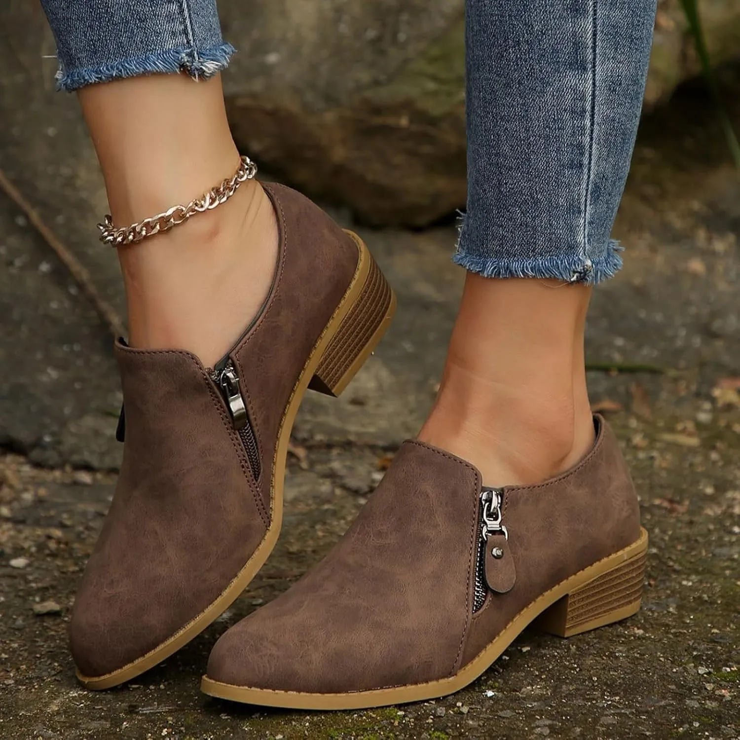 AMDBEL Booties for Women Dressy 2024 Ankle Boots Low Heel Closed Toe Slip On Flat Boots Ladies Walking Short Booties