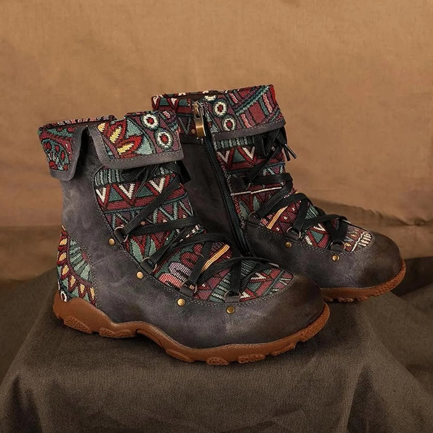 AMDBEL Booties for Women Dressy 2024 Ankle Boots Low Heel Lace Up Short Boots Bohemian Winter Vintage Booties Shoes