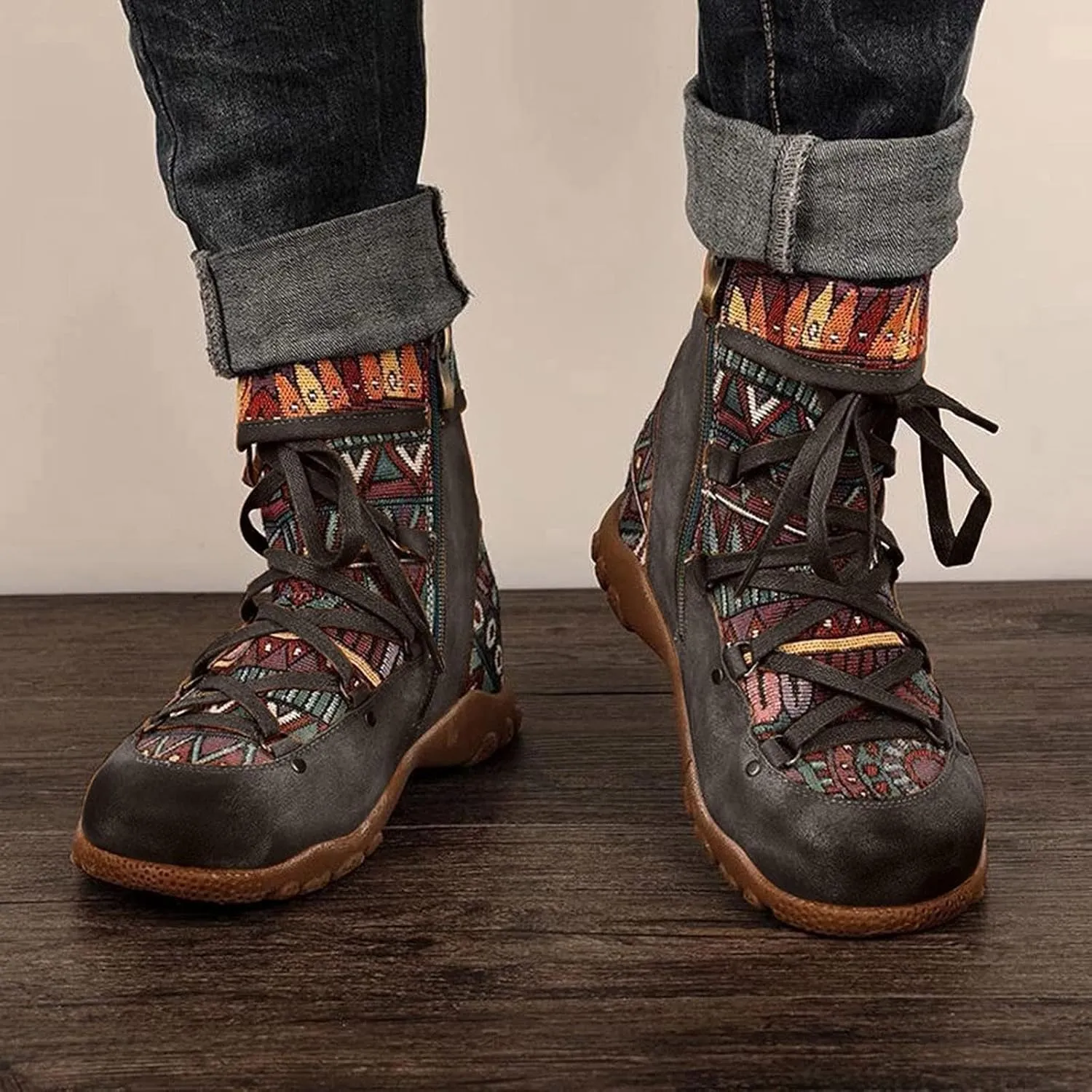 AMDBEL Booties for Women Dressy 2024 Ankle Boots Low Heel Lace Up Short Boots Bohemian Winter Vintage Booties Shoes
