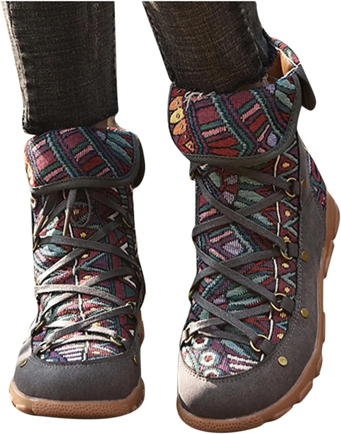 AMDBEL Booties for Women Dressy 2024 Ankle Boots Low Heel Lace Up Short Boots Bohemian Winter Vintage Booties Shoes