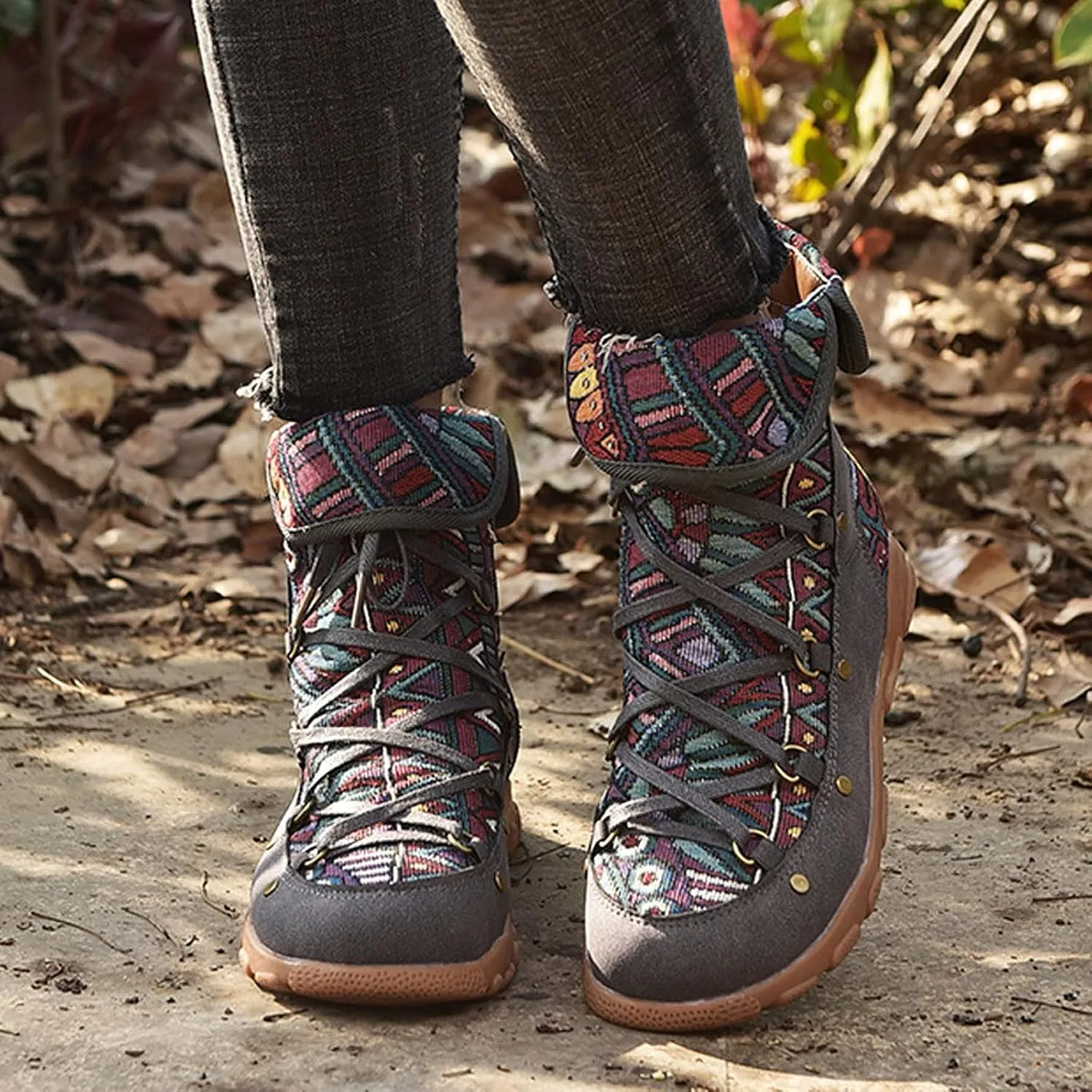 AMDBEL Booties for Women Dressy 2024 Ankle Boots Low Heel Lace Up Short Boots Bohemian Winter Vintage Booties Shoes