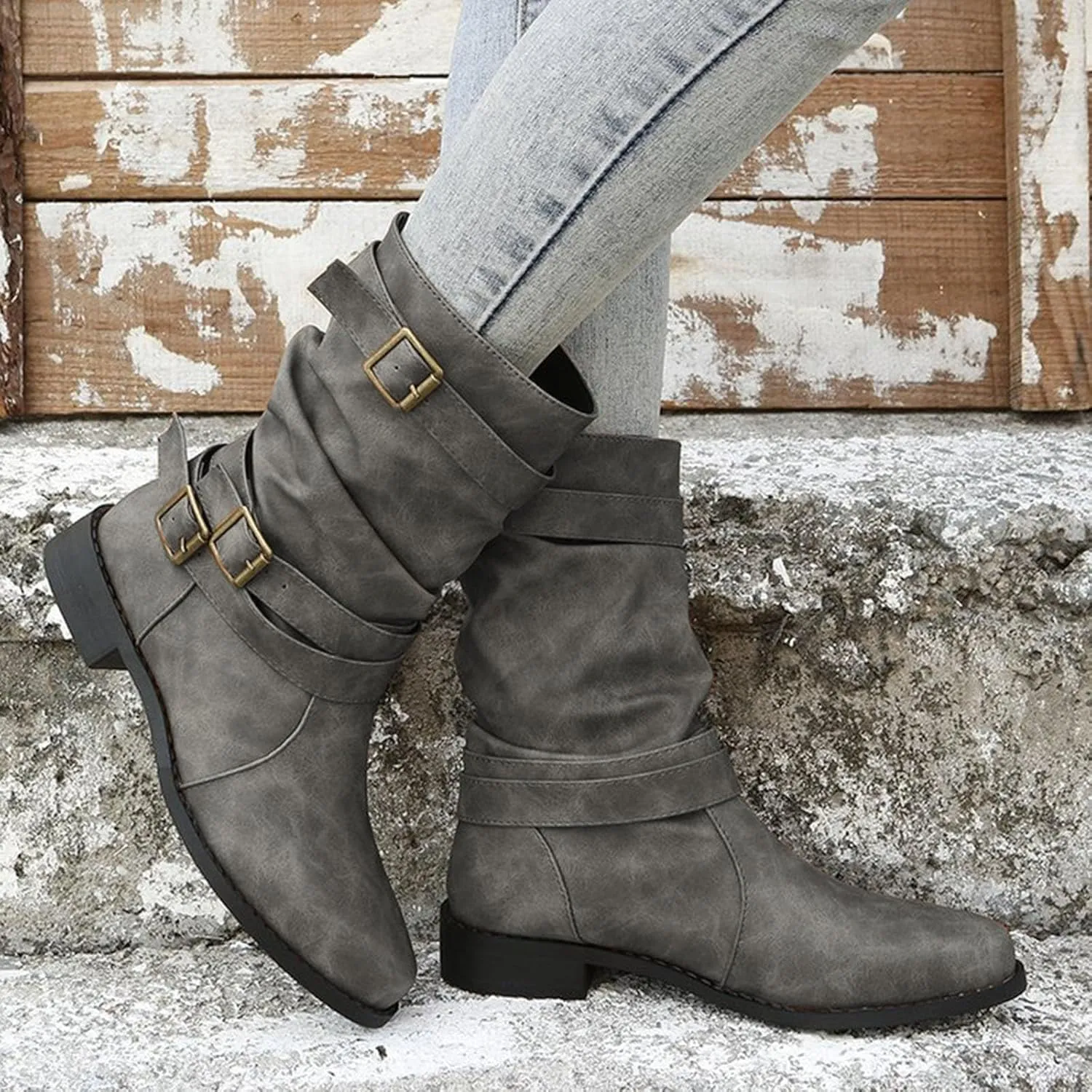 AMDBEL Booties for Women Dressy 2024 Ankle Boots Low Heel Slip On Boots Winter Ladies Mid Calf Booties Shoes