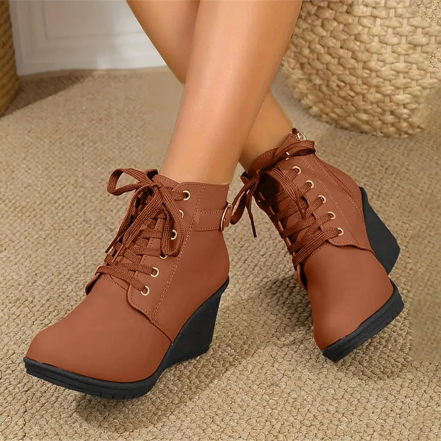 AMDBEL Booties for Women Dressy 2024 Ankle Boots Square Heel Lace Up Short Boots Winter Wedge Booties Shoes