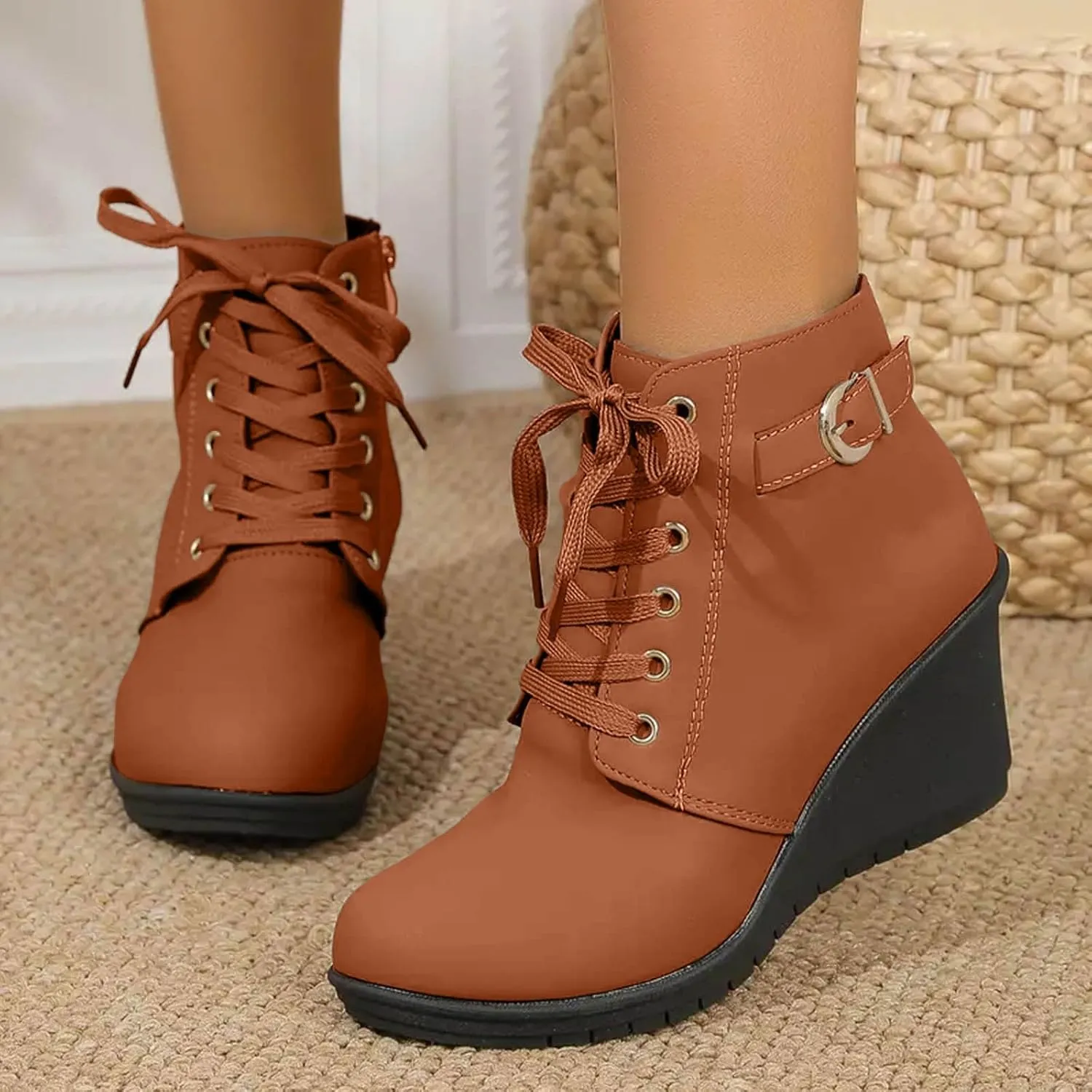 AMDBEL Booties for Women Dressy 2024 Ankle Boots Square Heel Lace Up Short Boots Winter Wedge Booties Shoes