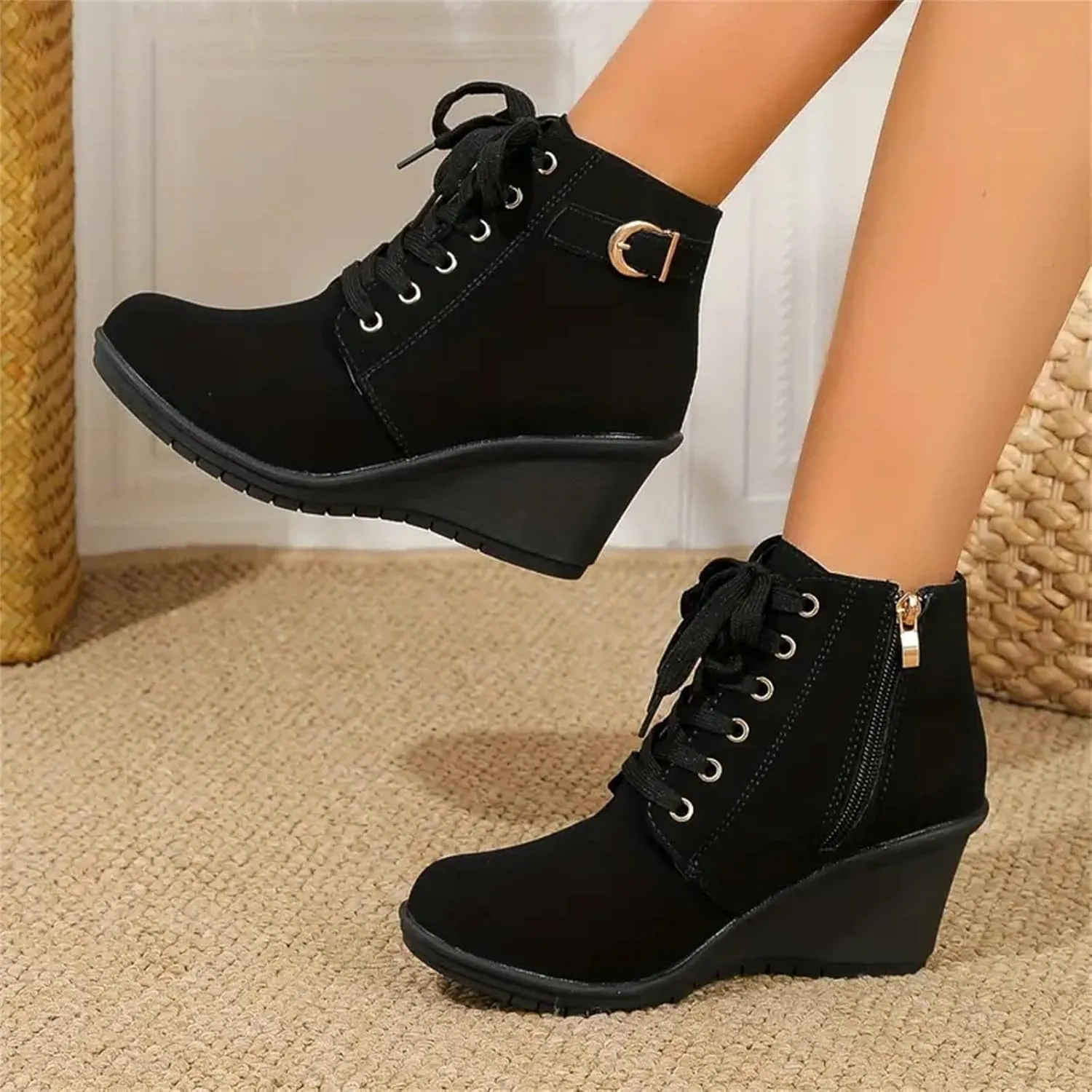 AMDBEL Booties for Women Dressy 2024 Ankle Boots Square Heel Lace Up Short Boots Winter Wedge Booties Shoes