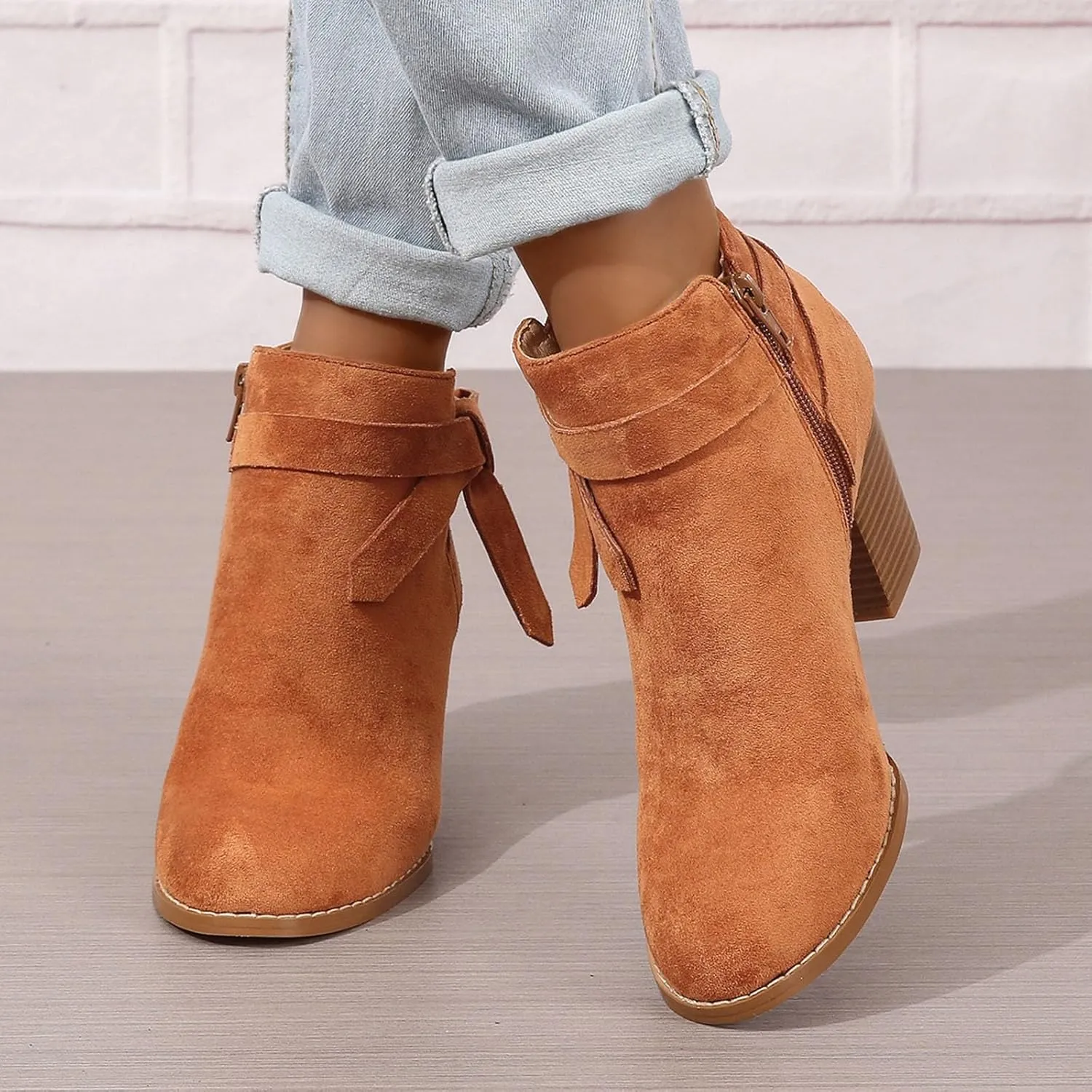 AMDBEL Booties for Women Dressy 2024 Ankle Boots Tie Knot Chelsea Pump Boots Closed Toe Stacked Heel Booties Shoes