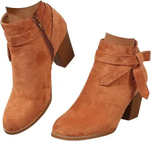 AMDBEL Booties for Women Dressy 2024 Ankle Boots Tie Knot Chelsea Pump Boots Closed Toe Stacked Heel Booties Shoes
