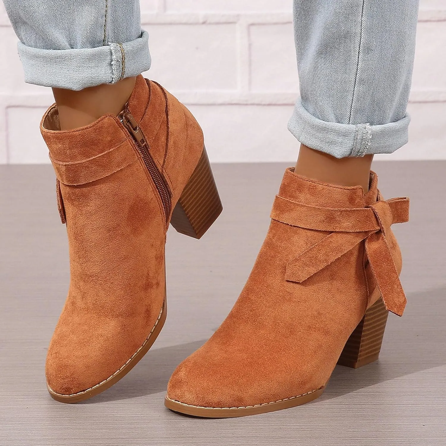 AMDBEL Booties for Women Dressy 2024 Ankle Boots Tie Knot Chelsea Pump Boots Closed Toe Stacked Heel Booties Shoes