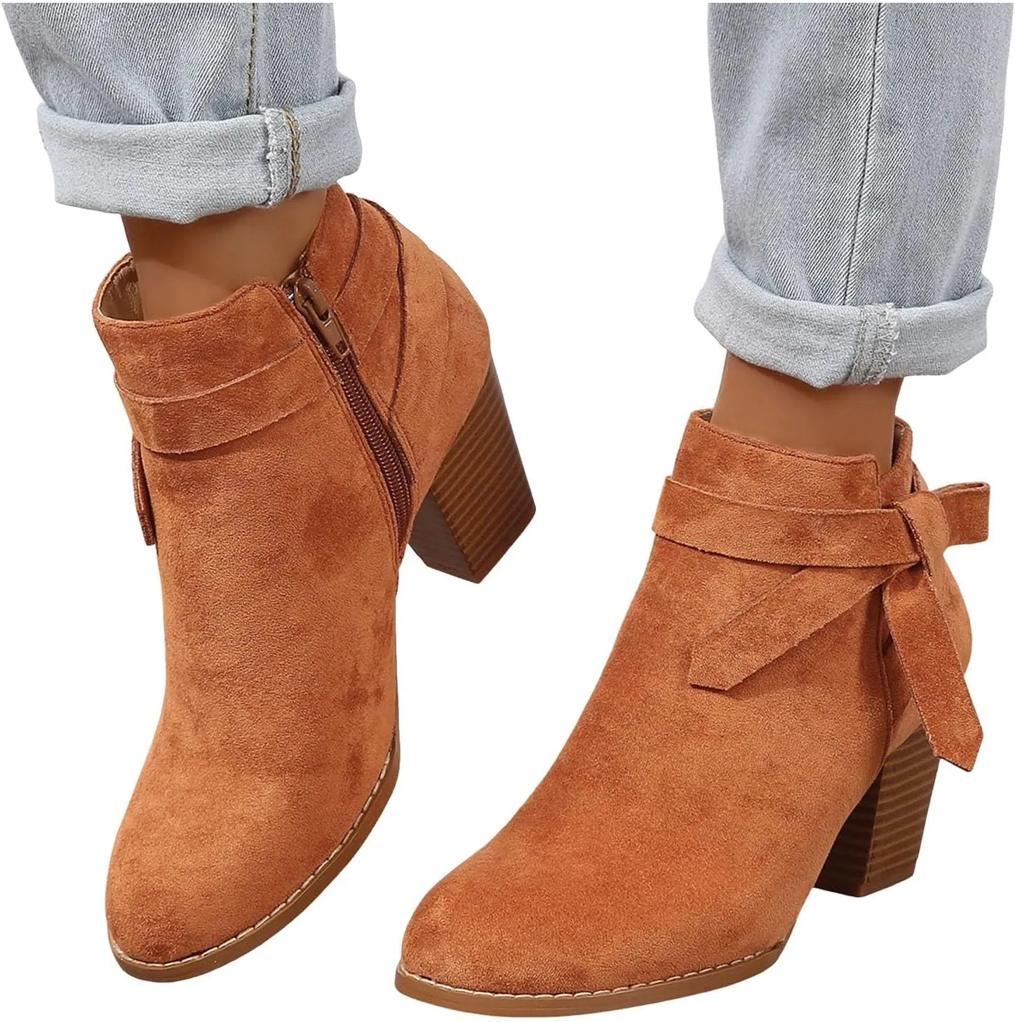 AMDBEL Booties for Women Dressy 2024 Ankle Boots Tie Knot Chelsea Pump Boots Closed Toe Stacked Heel Booties Shoes