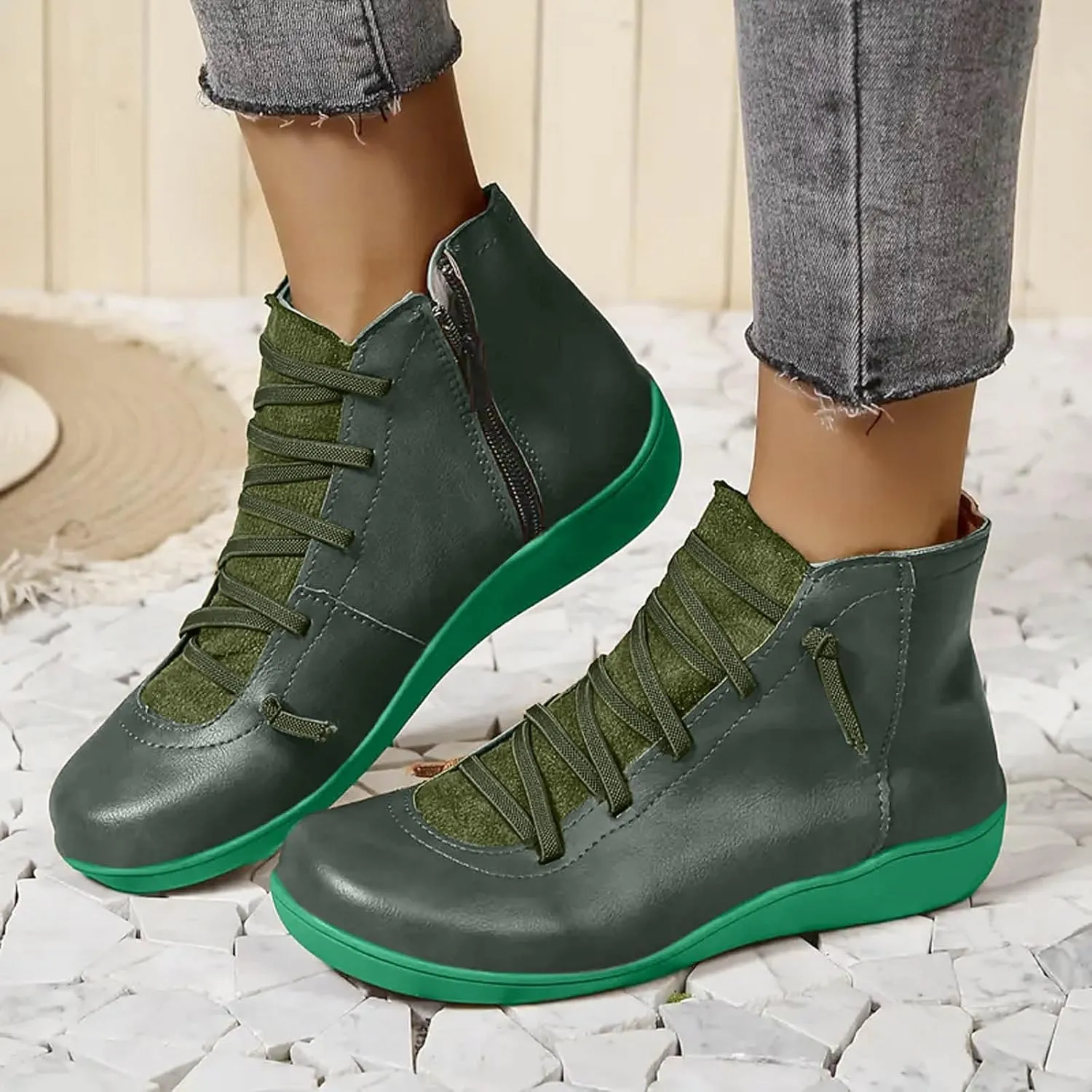 AMDBEL Boots for Women Ankle Booties No Heel Premium Orthopedic Boots Arch Support Leather Comfortable Side Zip Lace Up Shoes