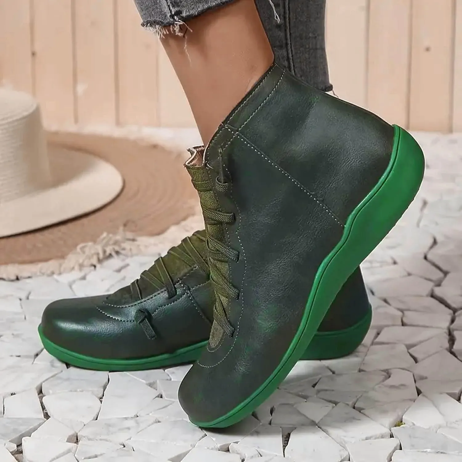 AMDBEL Boots for Women Ankle Booties No Heel Premium Orthopedic Boots Arch Support Leather Comfortable Side Zip Lace Up Shoes