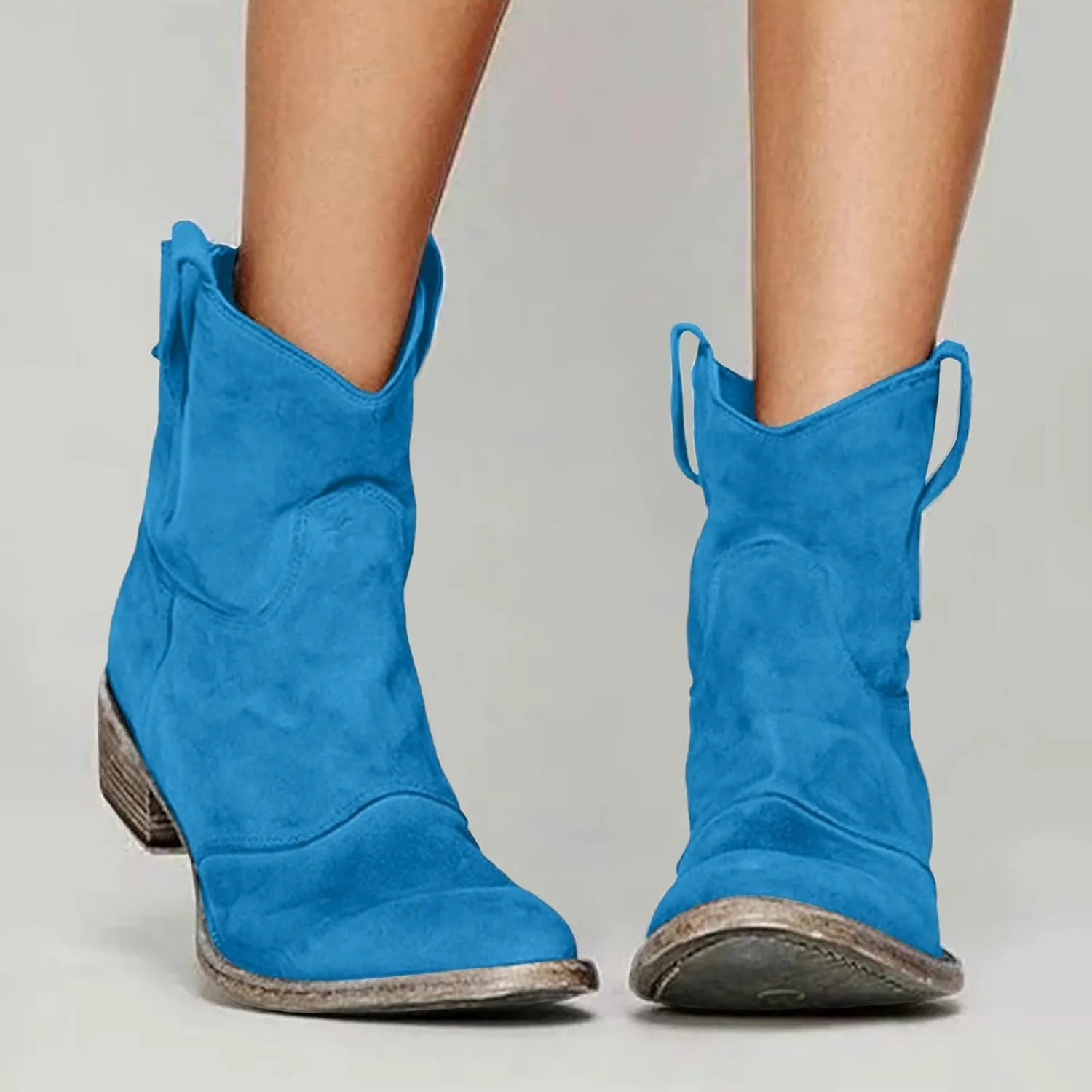 AMDBEL Boots for Women Ankle Booties, Women's Ankle Boots Chunky Low Heel Suede Mid Calf Zipper Cowboy Boots Winter Booties