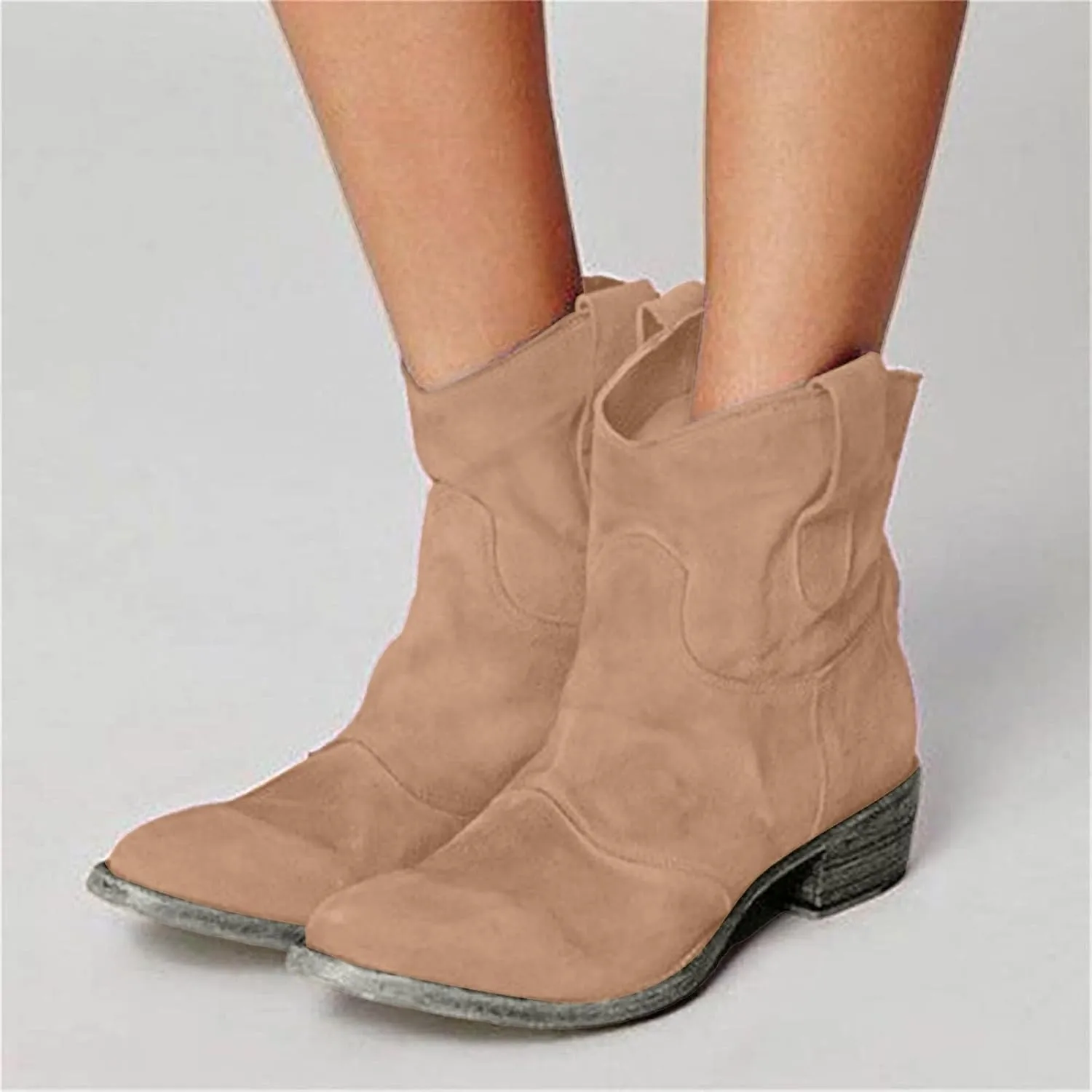 AMDBEL Boots for Women Ankle Booties, Women's Ankle Boots Chunky Low Heel Suede Mid Calf Zipper Cowboy Boots Winter Booties