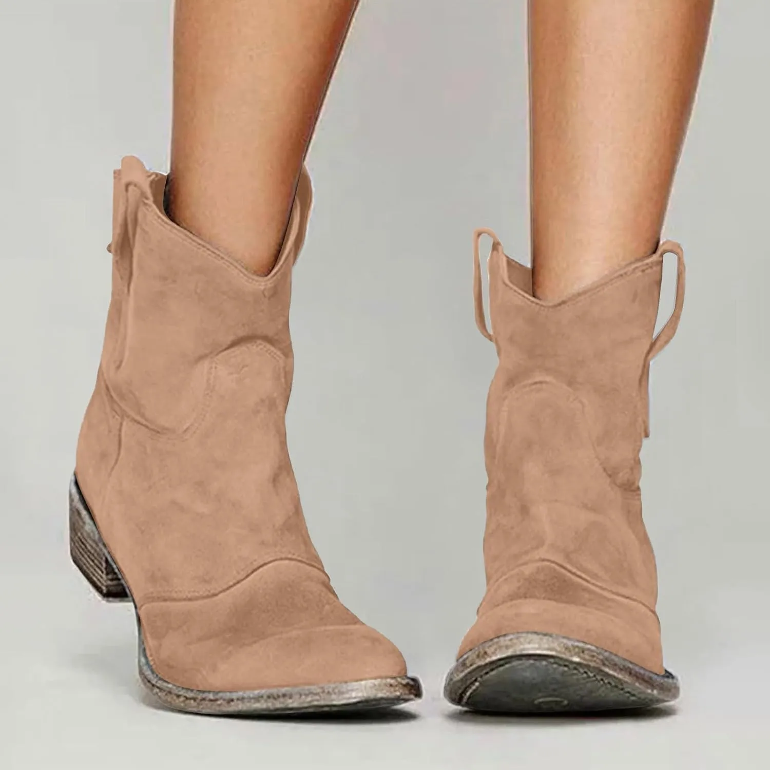 AMDBEL Boots for Women Ankle Booties, Women's Ankle Boots Chunky Low Heel Suede Mid Calf Zipper Cowboy Boots Winter Booties