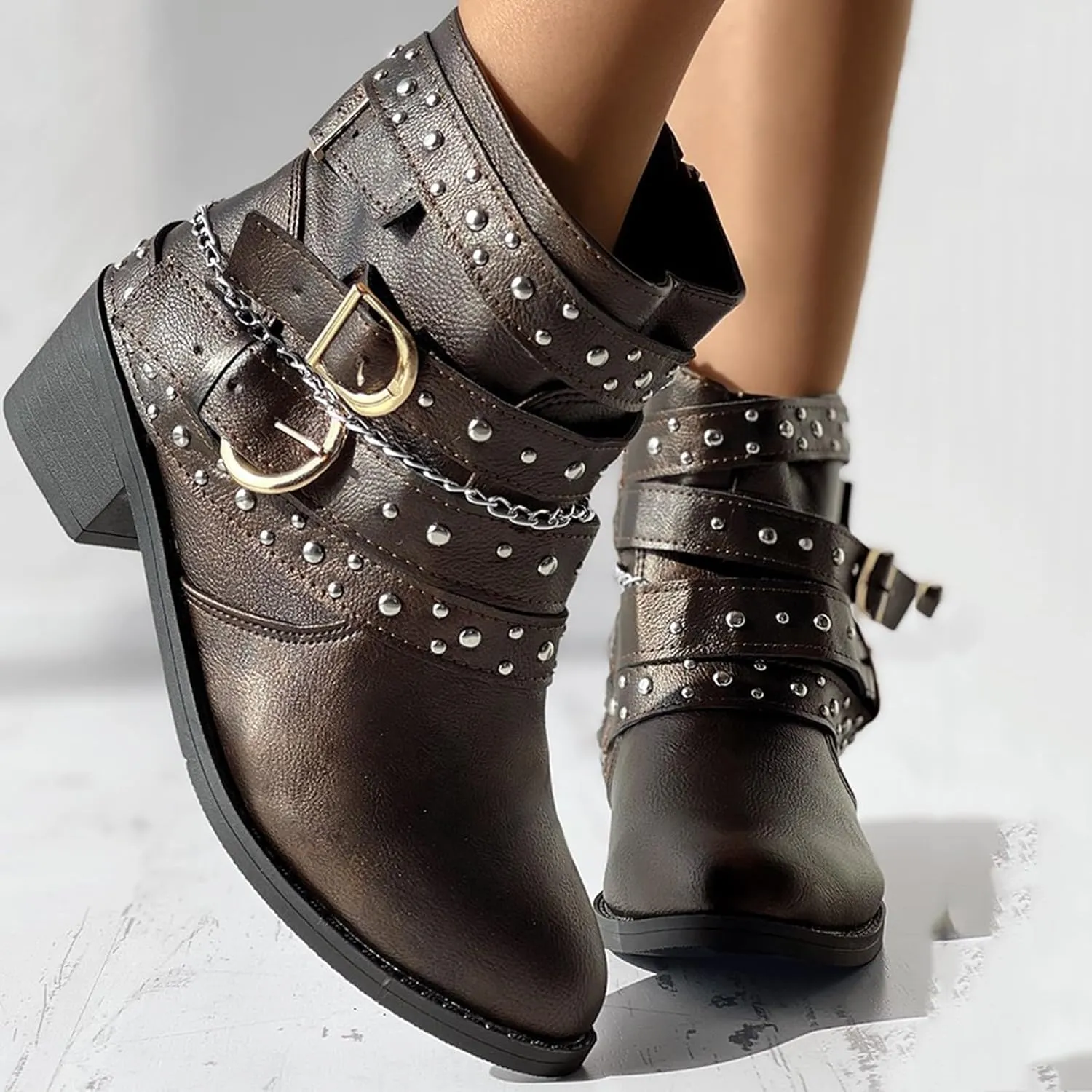 AMDBEL Boots for Women Ankle Booties, Women's Ankle Boots Round Toe Low Heel Punk Mid Calf Booties Casual Fall Winter Shoes