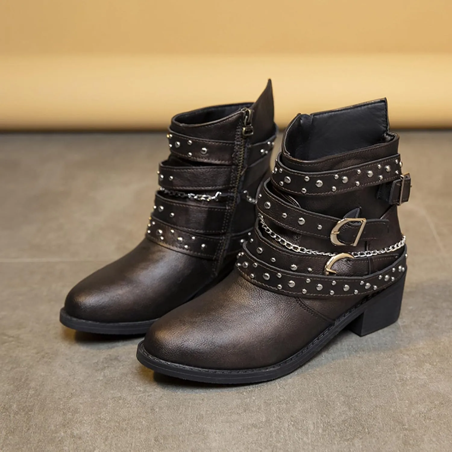 AMDBEL Boots for Women Ankle Booties, Women's Ankle Boots Round Toe Low Heel Punk Mid Calf Booties Casual Fall Winter Shoes