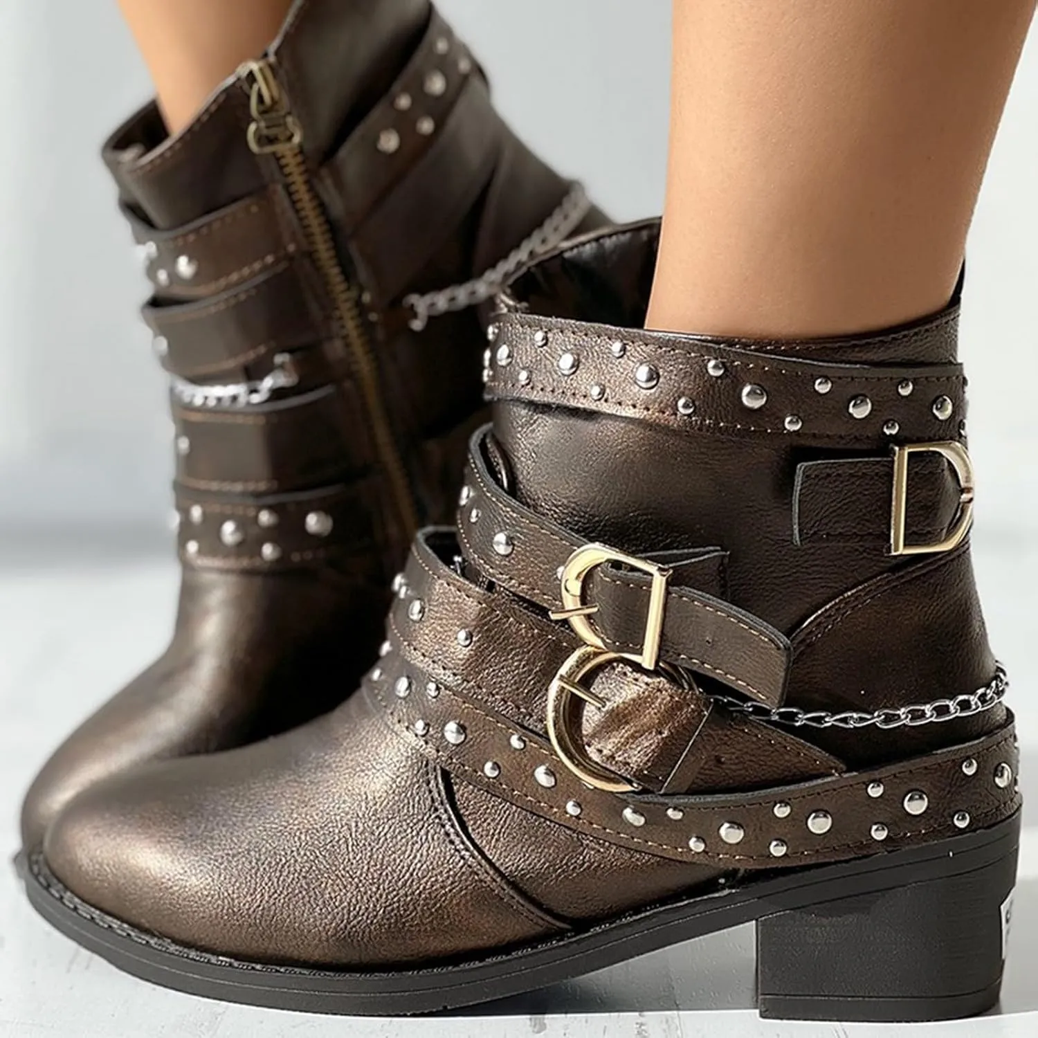 AMDBEL Boots for Women Ankle Booties, Women's Ankle Boots Round Toe Low Heel Punk Mid Calf Booties Casual Fall Winter Shoes