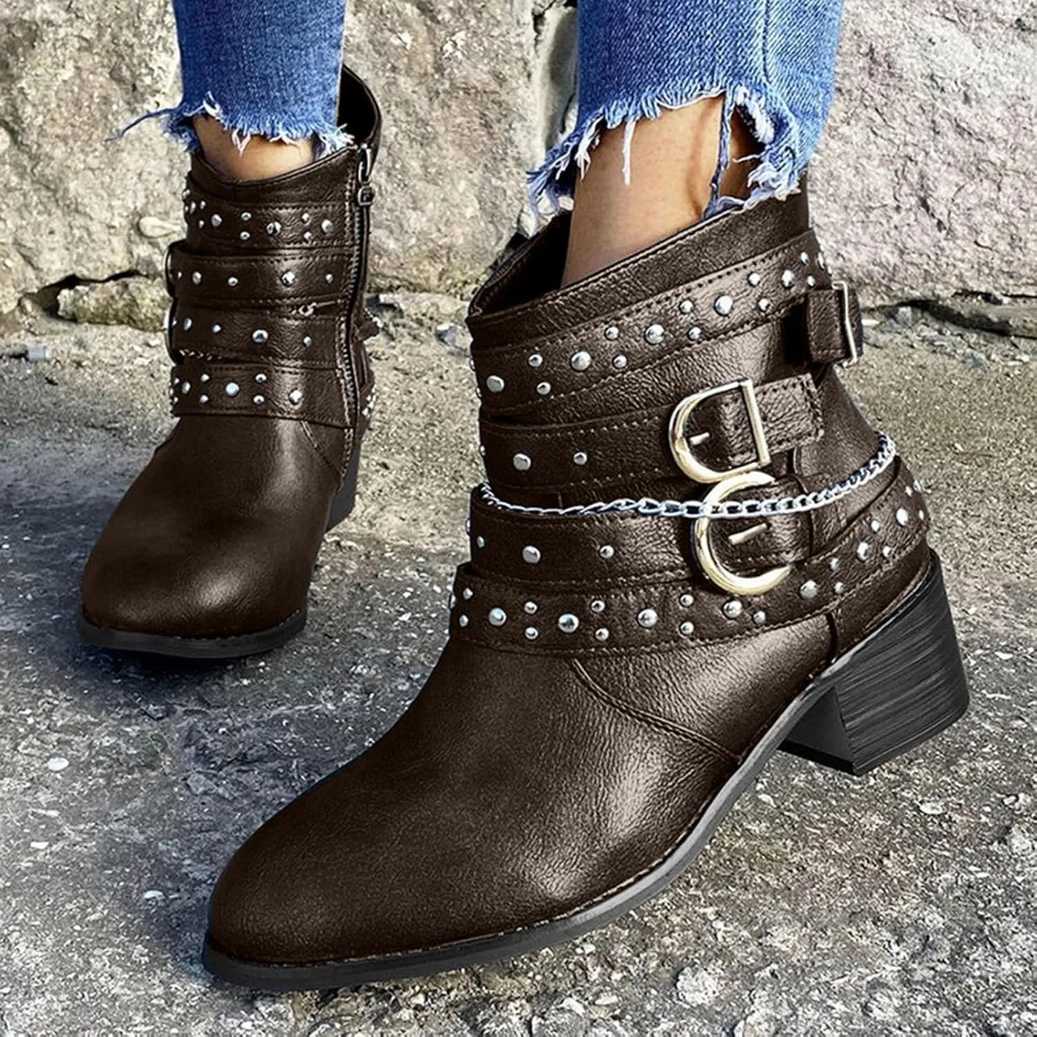 AMDBEL Boots for Women Ankle Booties, Women's Ankle Boots Round Toe Low Heel Punk Mid Calf Booties Casual Fall Winter Shoes