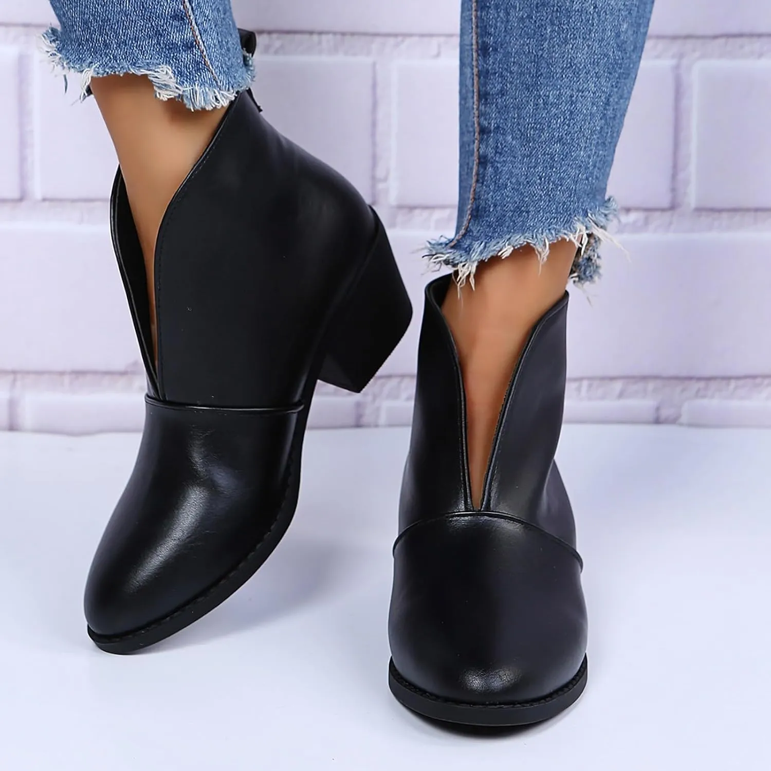 AMDBEL Boots for Women Ankle Booties, Women's Ankle Boots Slip on Closed Toe Low Heel V Cut Chelsea Booties Winter Fall Shoes