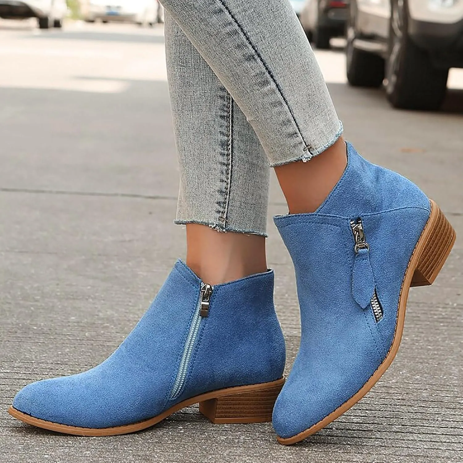 AMDBEL Boots for Women Ankle Booties, Women's Ankle Boots Slip on Pointed Toe Low Heel Side Zipper Suede Booties Winter Shoes