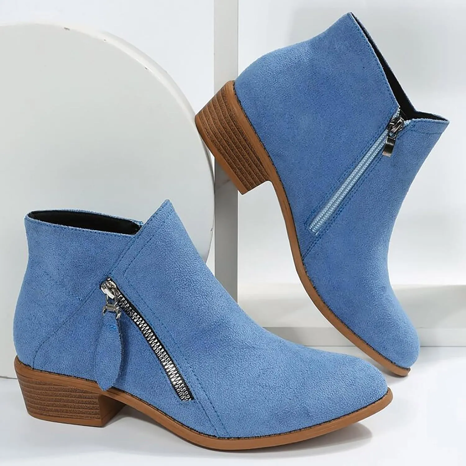 AMDBEL Boots for Women Ankle Booties, Women's Ankle Boots Slip on Pointed Toe Low Heel Side Zipper Suede Booties Winter Shoes