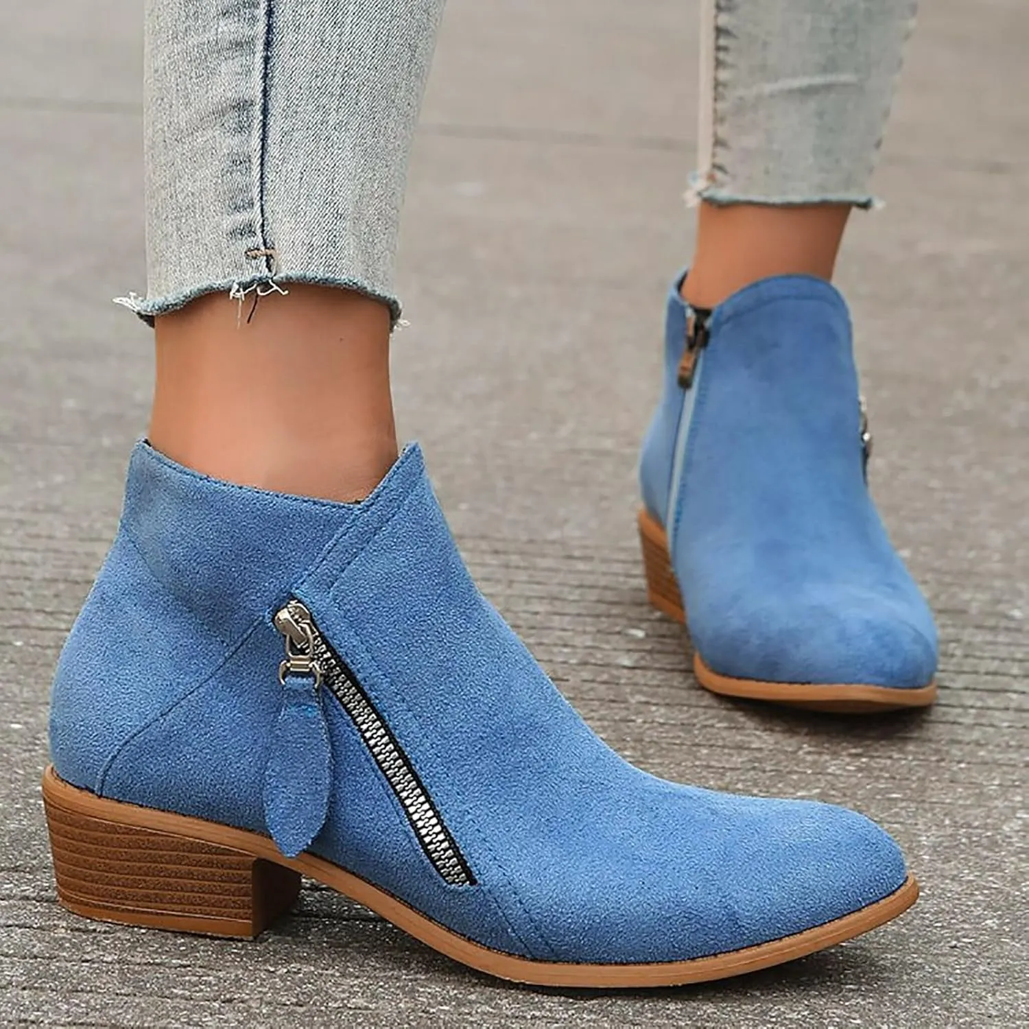 AMDBEL Boots for Women Ankle Booties, Women's Ankle Boots Slip on Pointed Toe Low Heel Side Zipper Suede Booties Winter Shoes