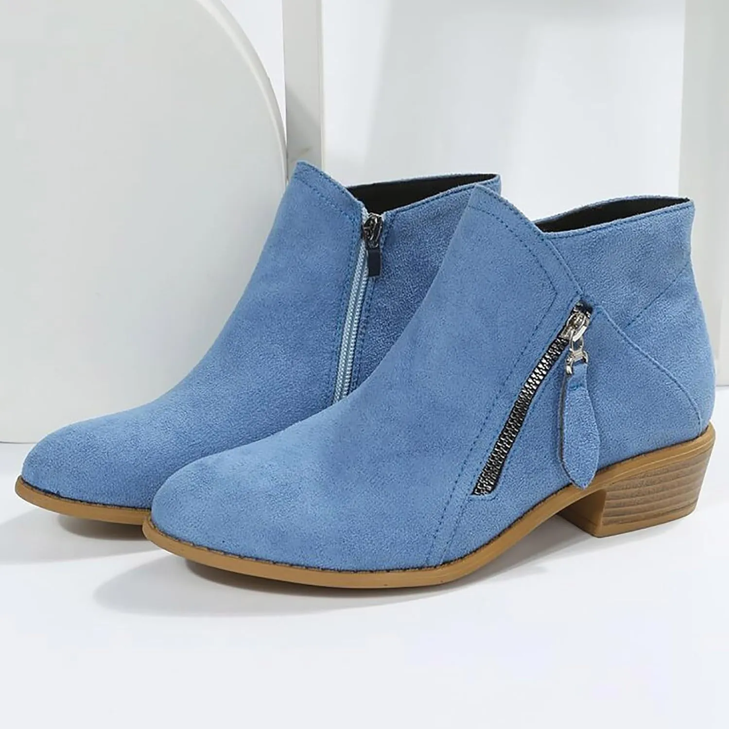 AMDBEL Boots for Women Ankle Booties, Women's Ankle Boots Slip on Pointed Toe Low Heel Side Zipper Suede Booties Winter Shoes