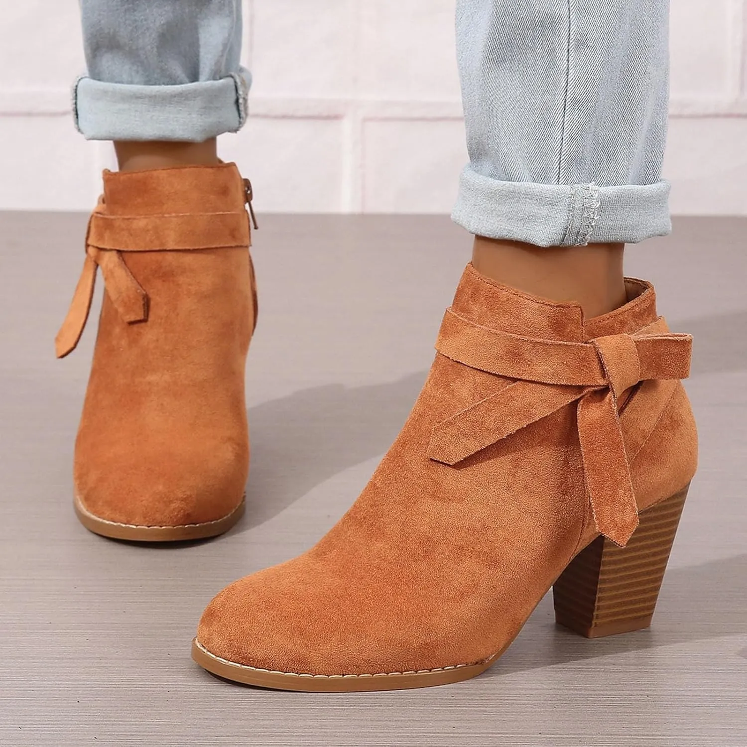 AMDBEL Boots for Women Ankle Booties, Women's Ankle Boots Tie Knot Chelsea Pump Boots Closed Toe Stacked Heel Booties Shoes