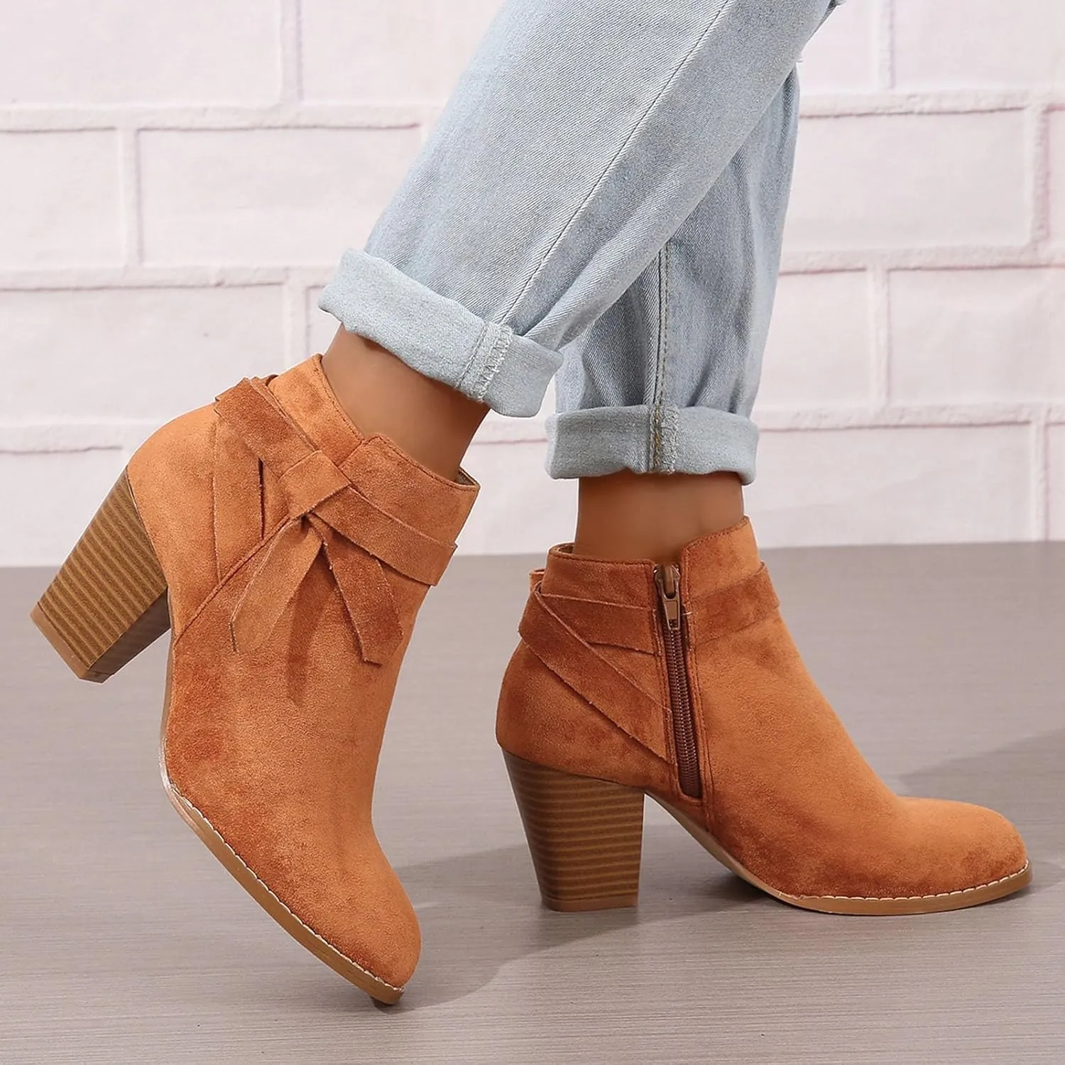 AMDBEL Boots for Women Ankle Booties, Women's Ankle Boots Tie Knot Chelsea Pump Boots Closed Toe Stacked Heel Booties Shoes