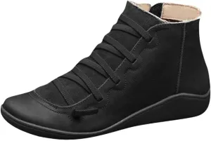 AMDBEL Boots for Women Ankle Booties, Women's Boots Slip on Flat Boots Arch Support Lace up Retro Booties Winter Fall Shoes
