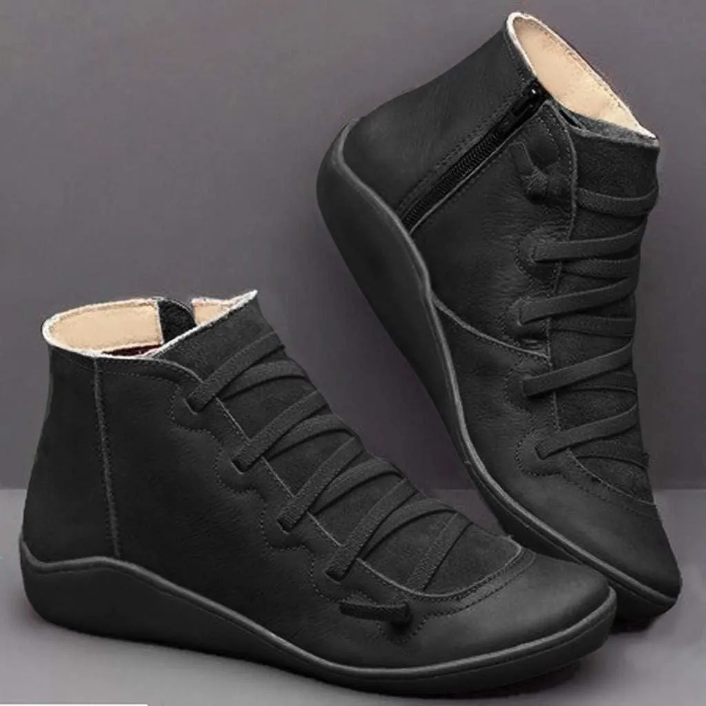 AMDBEL Boots for Women Ankle Booties, Women's Boots Slip on Flat Boots Arch Support Lace up Retro Booties Winter Fall Shoes