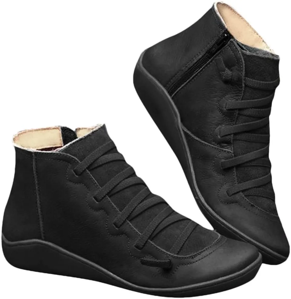 AMDBEL Boots for Women Ankle Booties, Women's Boots Slip on Flat Boots Arch Support Lace up Retro Booties Winter Fall Shoes