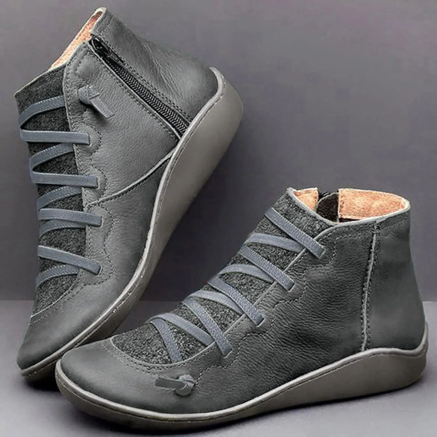 AMDBEL Boots for Women Ankle Booties, Women's Boots Slip on Flat Boots Arch Support Lace up Retro Booties Winter Fall Shoes