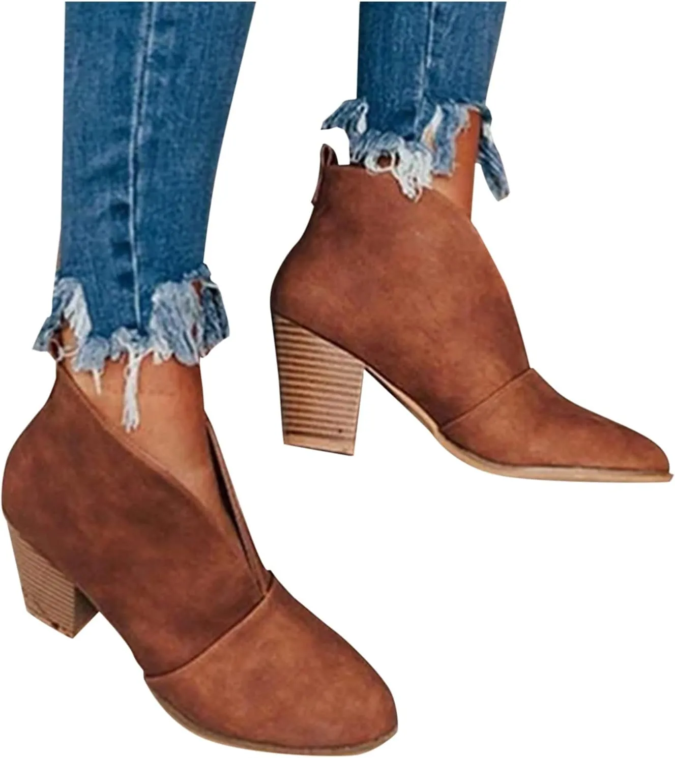 AMDBEL Boots for Women Ankle Booties,Women's Fashion Closed Toe Slip on V Cut Ankle Booties Winter Fall Chunky Low Heel Shoes