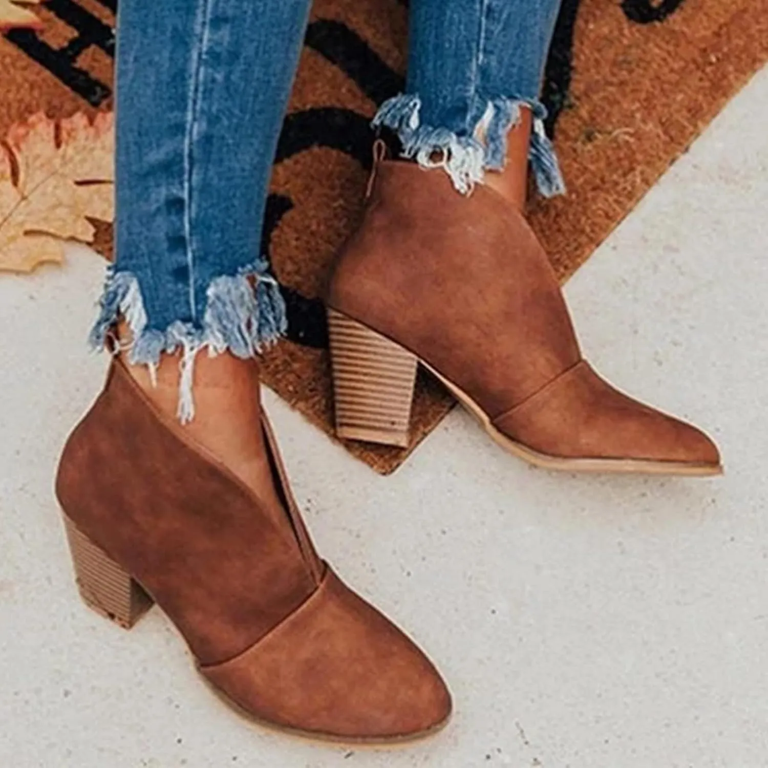 AMDBEL Boots for Women Ankle Booties,Women's Fashion Closed Toe Slip on V Cut Ankle Booties Winter Fall Chunky Low Heel Shoes