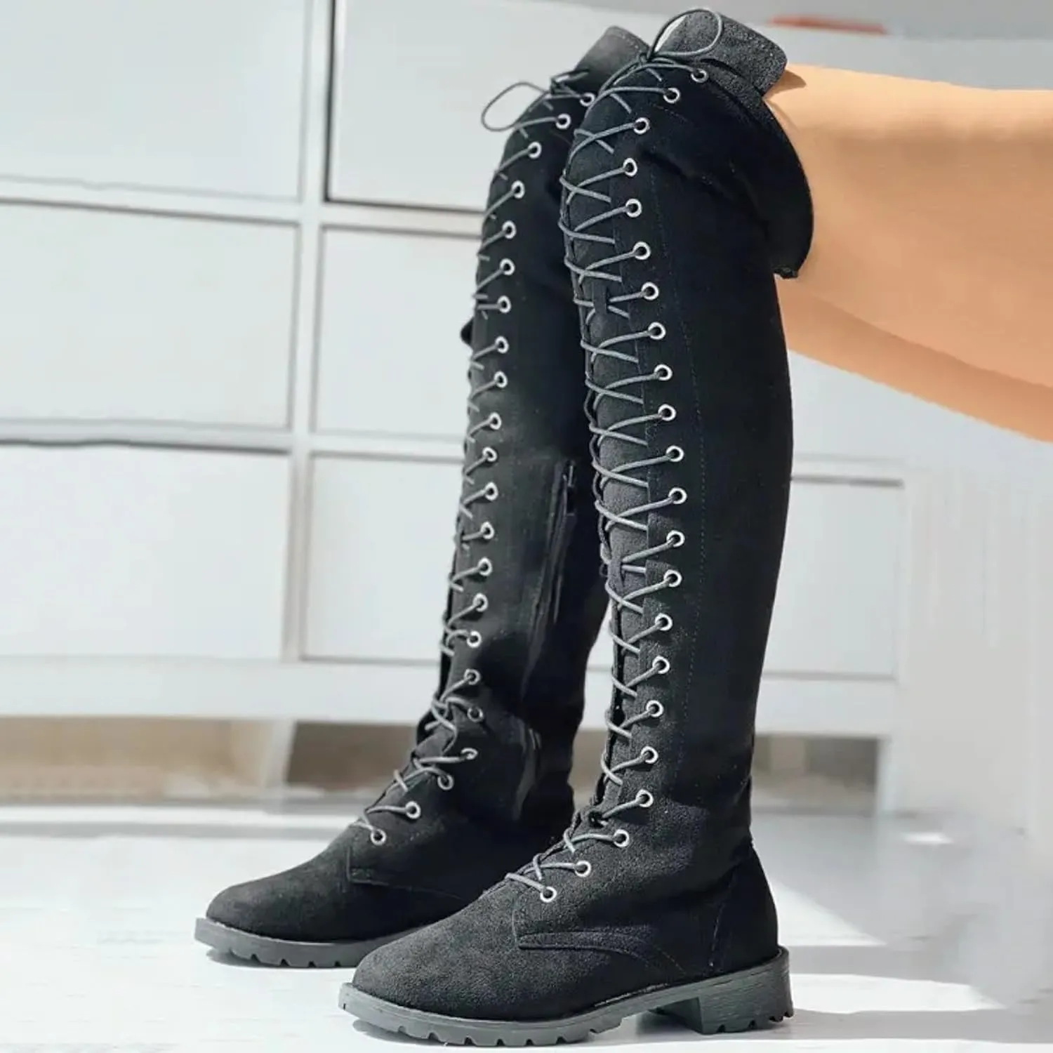 AMDBEL Boots for Women Knee High Wide Calf Boots Low Heel Boots Lace Up Over The Knee Suede Long Boots Fall Winter Shoes
