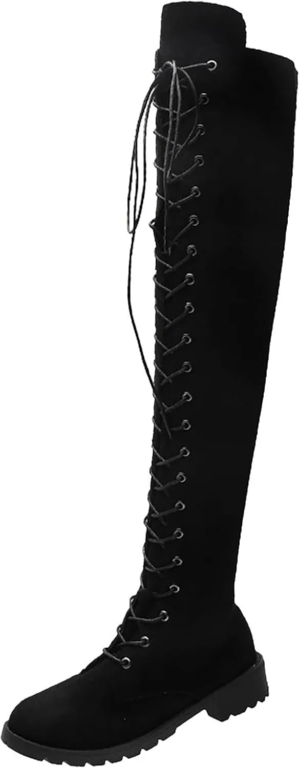 AMDBEL Boots for Women Knee High Wide Calf Boots Low Heel Boots Lace Up Over The Knee Suede Long Boots Fall Winter Shoes