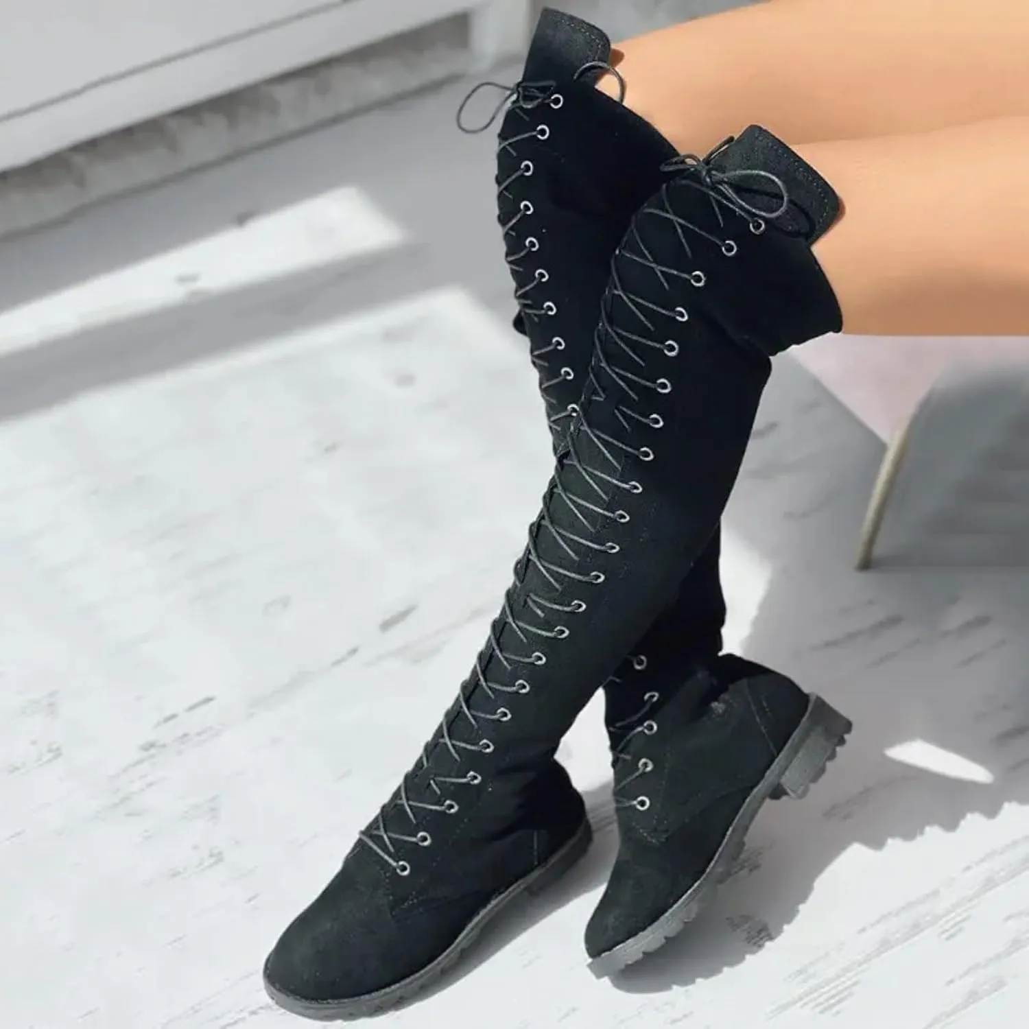 AMDBEL Boots for Women Knee High Wide Calf Boots Low Heel Boots Lace Up Over The Knee Suede Long Boots Fall Winter Shoes