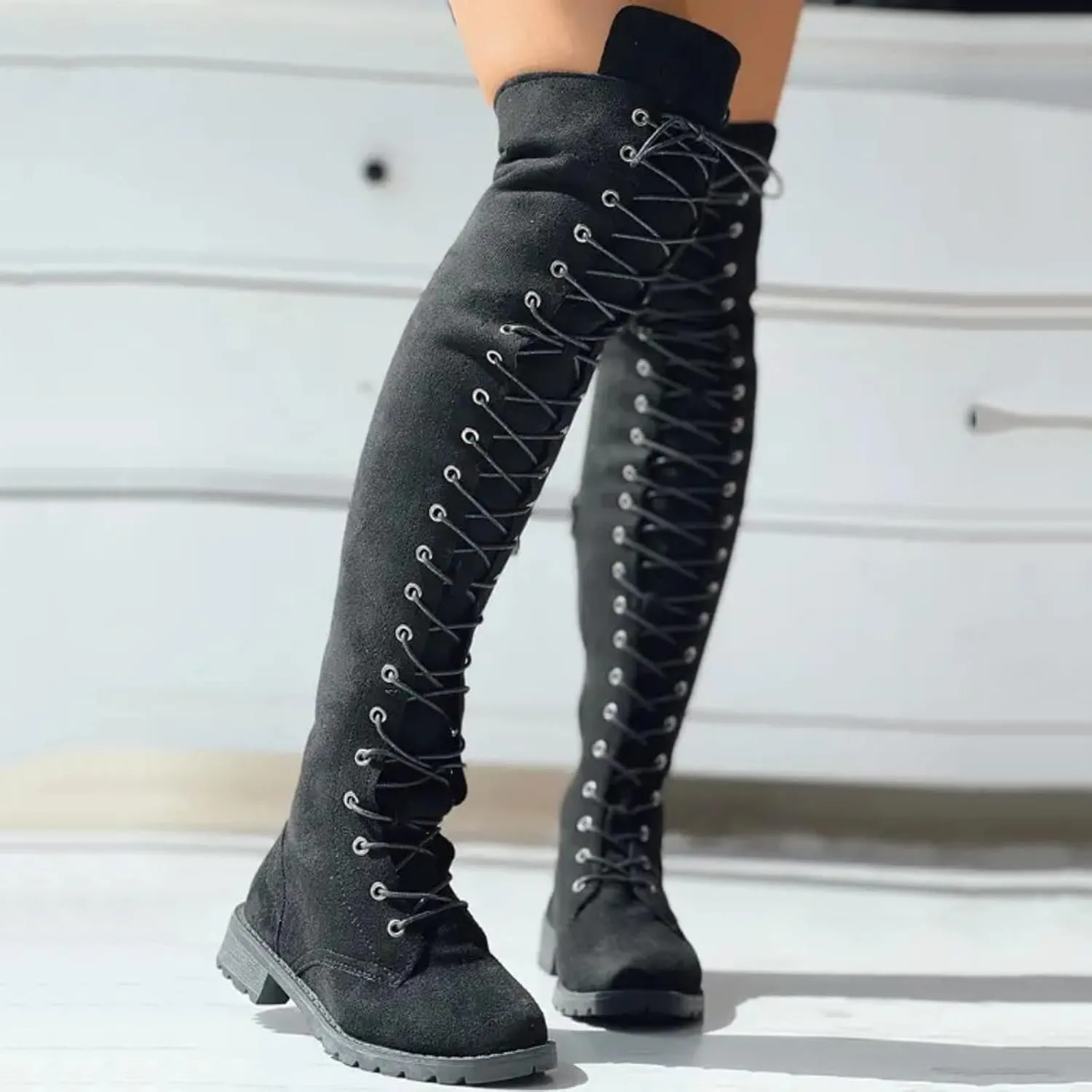 AMDBEL Boots for Women Knee High Wide Calf Boots Low Heel Boots Lace Up Over The Knee Suede Long Boots Fall Winter Shoes