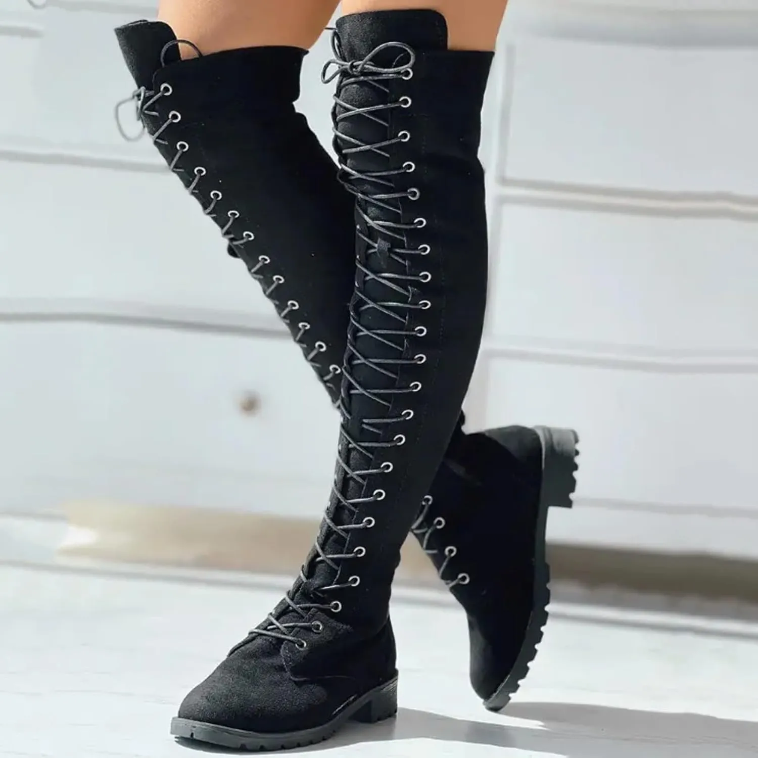 AMDBEL Boots for Women Knee High Wide Calf Boots Low Heel Boots Lace Up Over The Knee Suede Long Boots Fall Winter Shoes