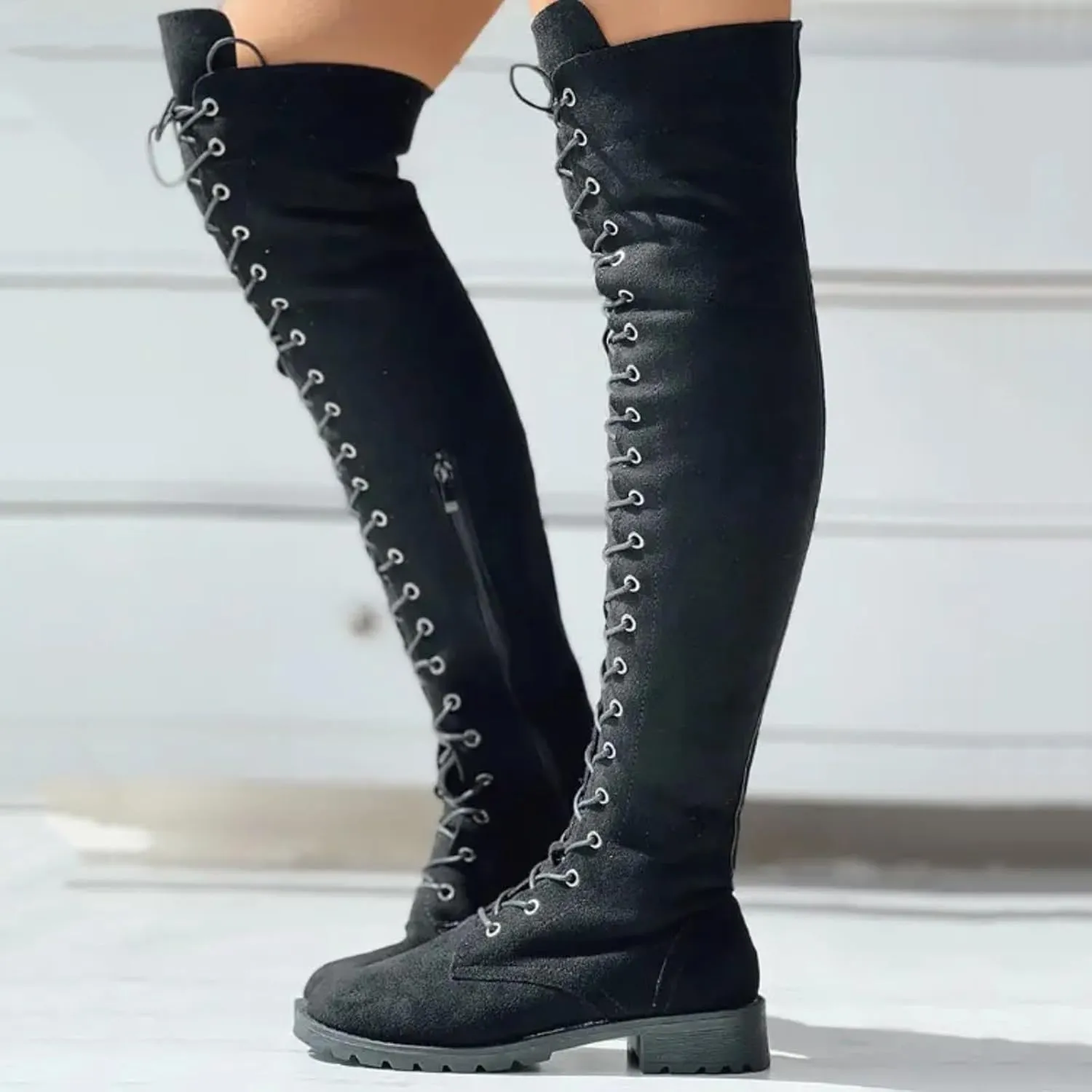 AMDBEL Boots for Women Knee High Wide Calf Boots Low Heel Boots Lace Up Over The Knee Suede Long Boots Fall Winter Shoes