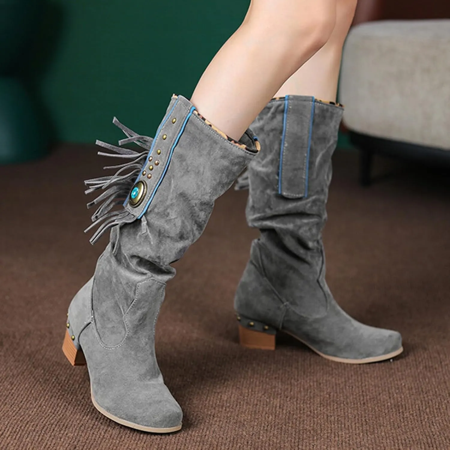 AMDBEL Boots for Women Knee High Wide Calf Boots Sexy Chunky High Heel Boots Fashion Suede Long Boots Fall Winter Shoes