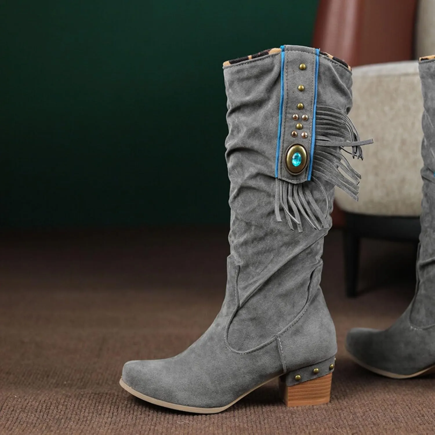 AMDBEL Boots for Women Knee High Wide Calf Boots Sexy Chunky High Heel Boots Fashion Suede Long Boots Fall Winter Shoes