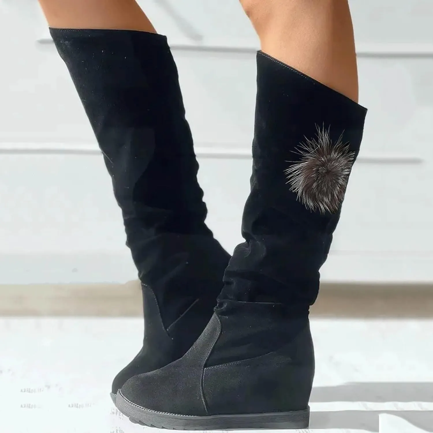 AMDBEL Boots for Women Knee High Wide Calf Boots Sexy Wedge Heel Boots Fashion Slip on Suede Long Boots Fall Winter Shoes