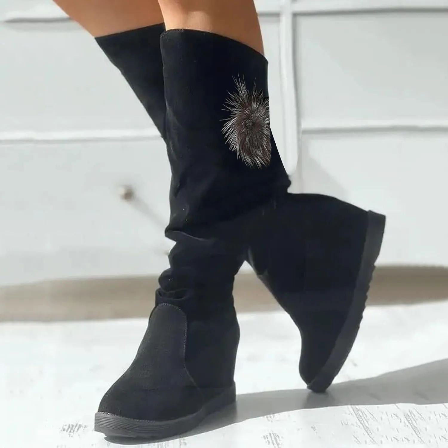 AMDBEL Boots for Women Knee High Wide Calf Boots Sexy Wedge Heel Boots Fashion Slip on Suede Long Boots Fall Winter Shoes