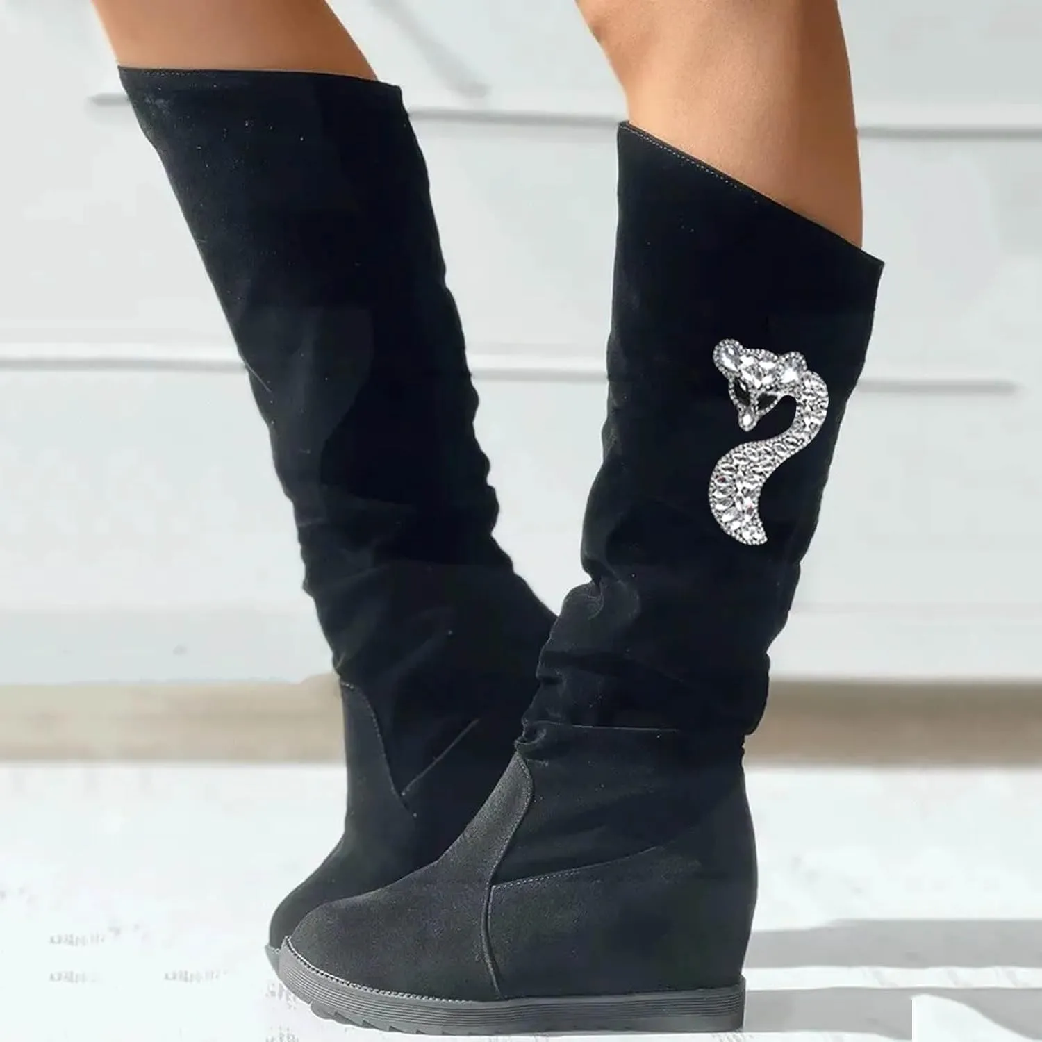 AMDBEL Boots for Women Knee High Wide Calf Boots Sexy Wedge Heel Boots Fashion Slip on Suede Long Boots Fall Winter Shoes