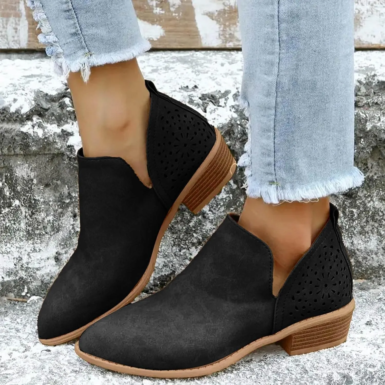 AMDBEL Fall Boots for Women 2024 Ankle Booties Low Heel Short Boots Chelsea Boots Hollow Out Pointd Toe Fall Winter Shoes